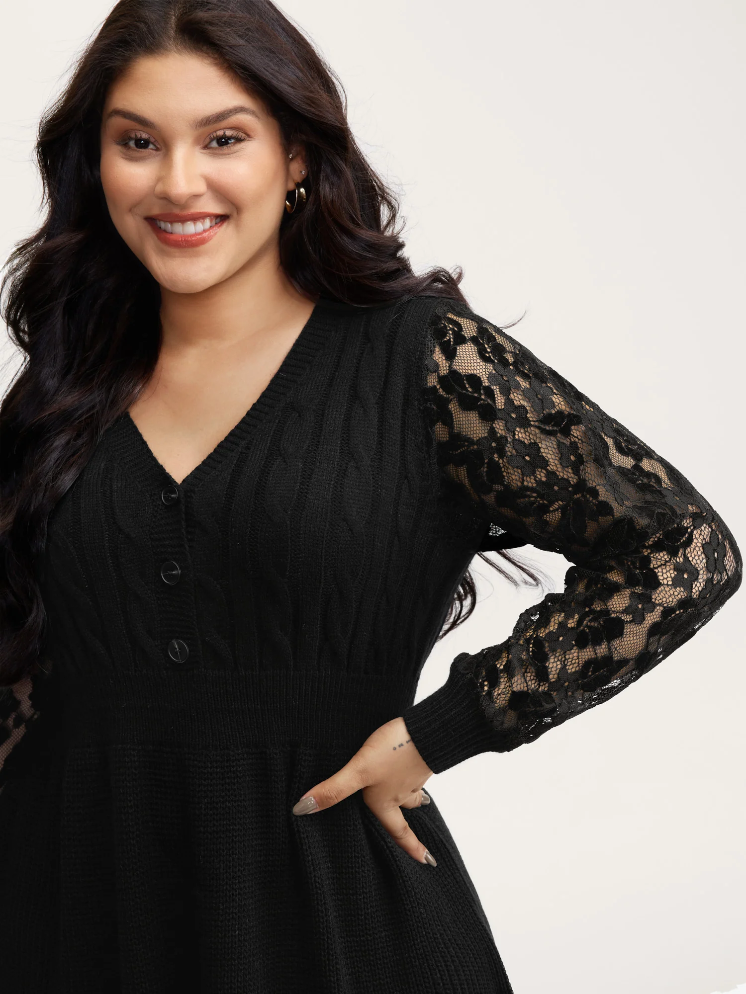 Sheer Lace Sleeve Patchwork Sweater Dress - Image 2