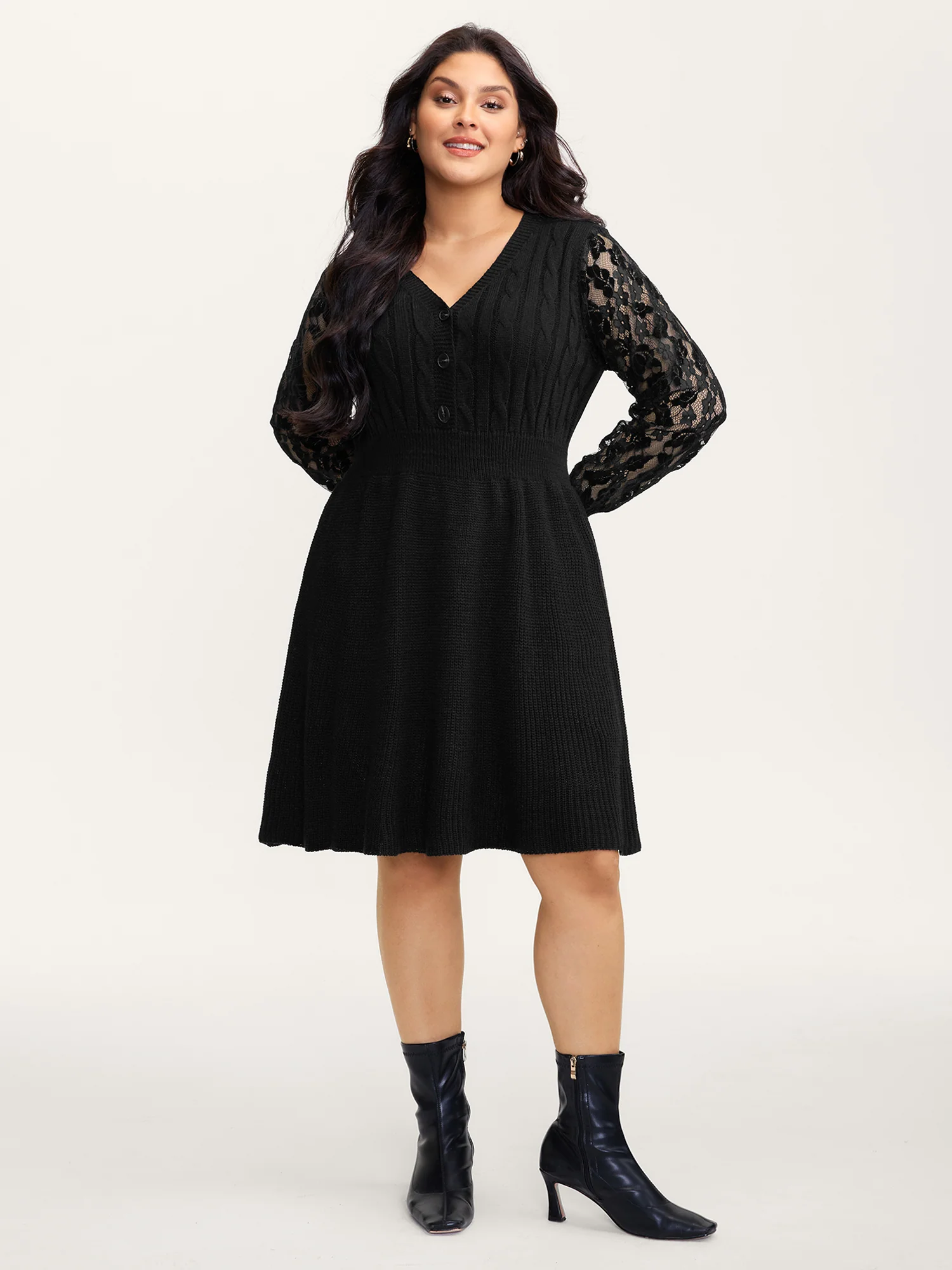 Sheer Lace Sleeve Patchwork Sweater Dress - Image 3