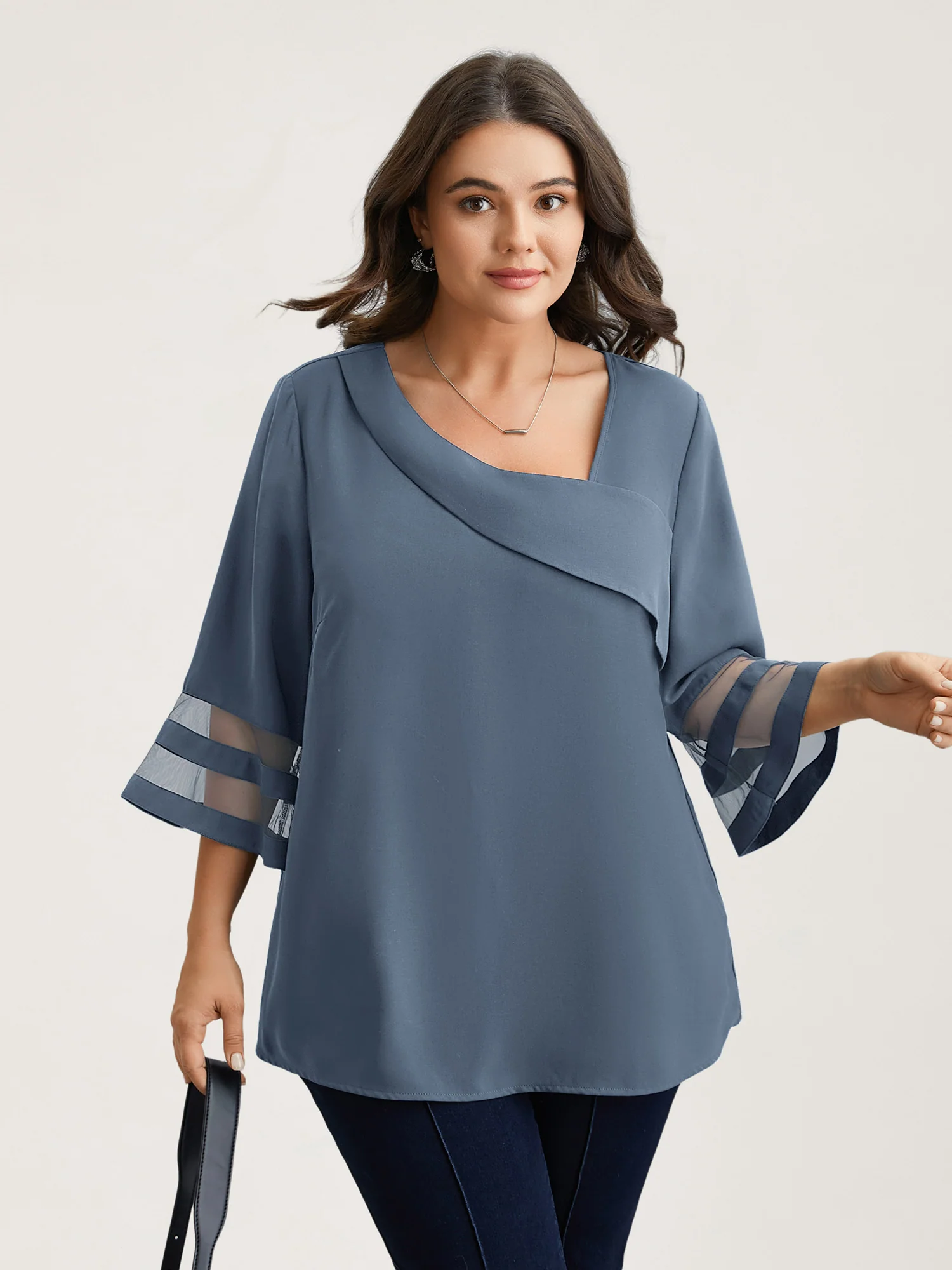 Sheer Sleeve Patchwork Asymmetrical Neckline Blouse - Image 12