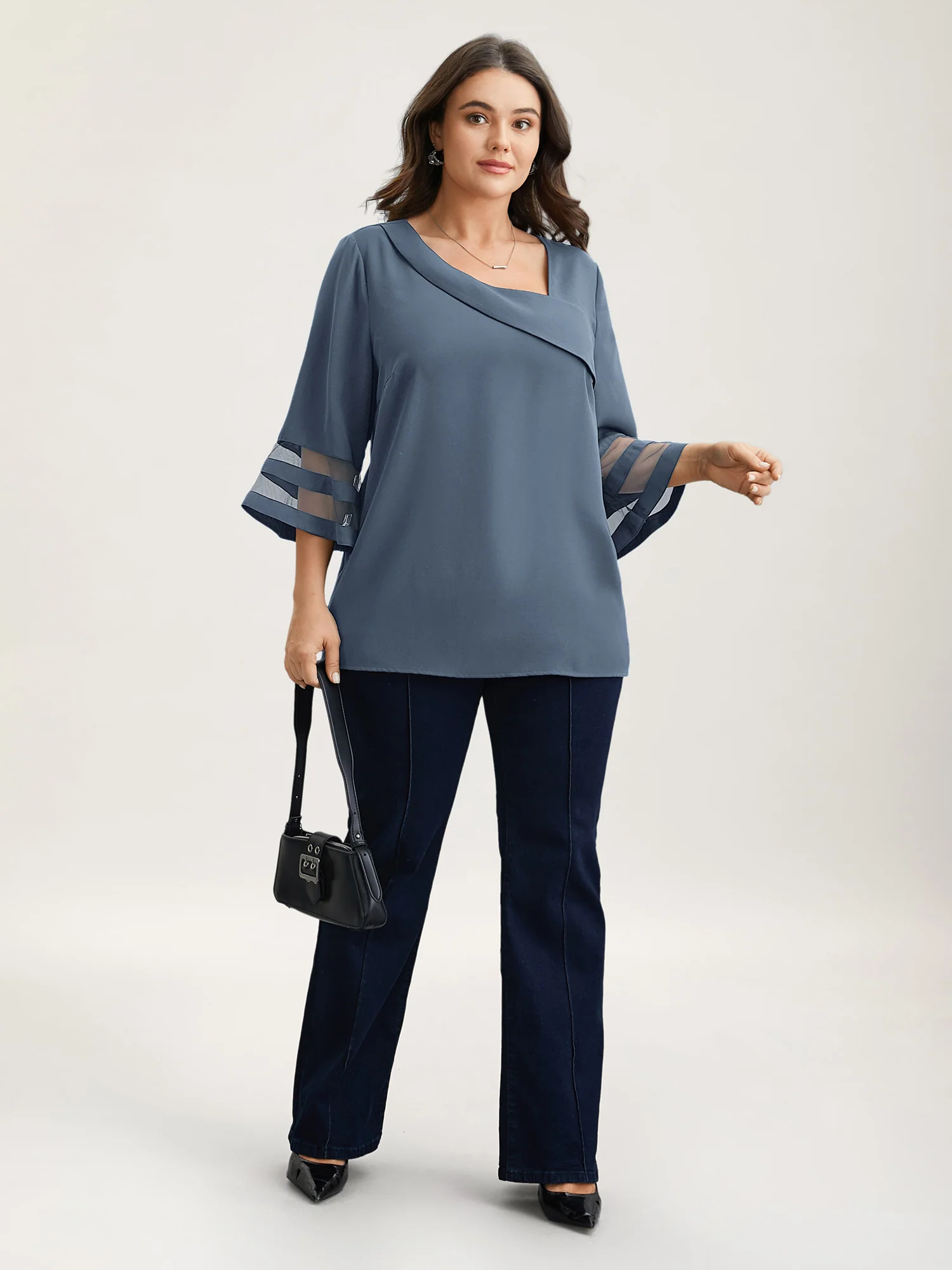Sheer Sleeve Patchwork Asymmetrical Neckline Blouse - Image 13