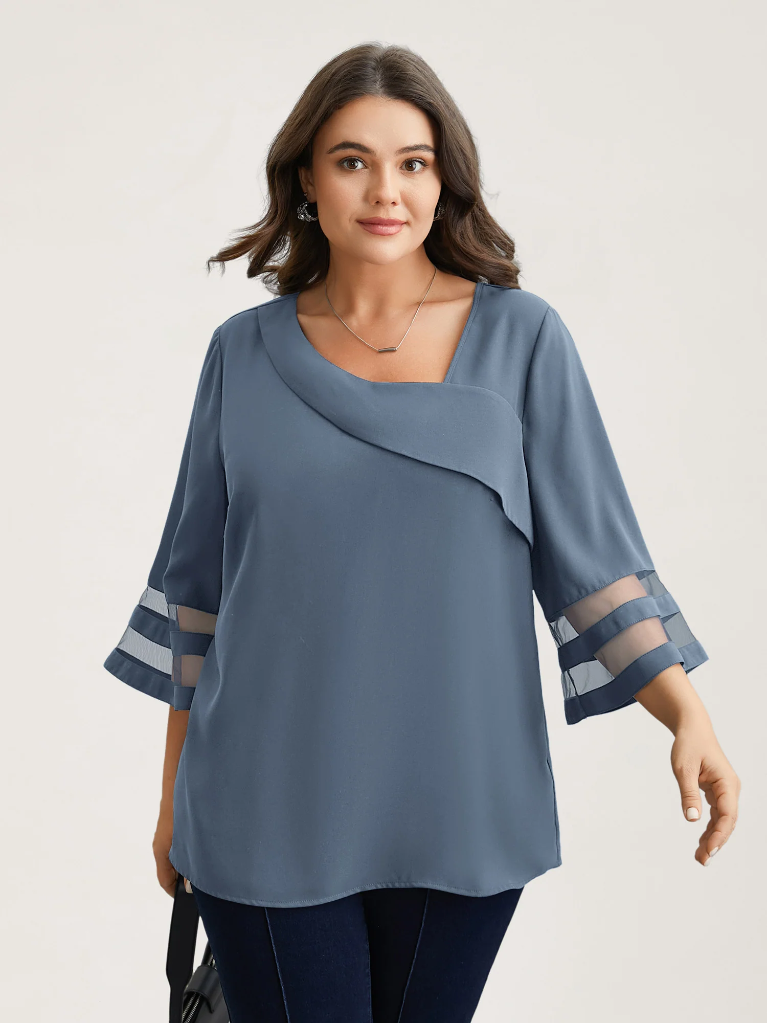 Sheer Sleeve Patchwork Asymmetrical Neckline Blouse - Image 14