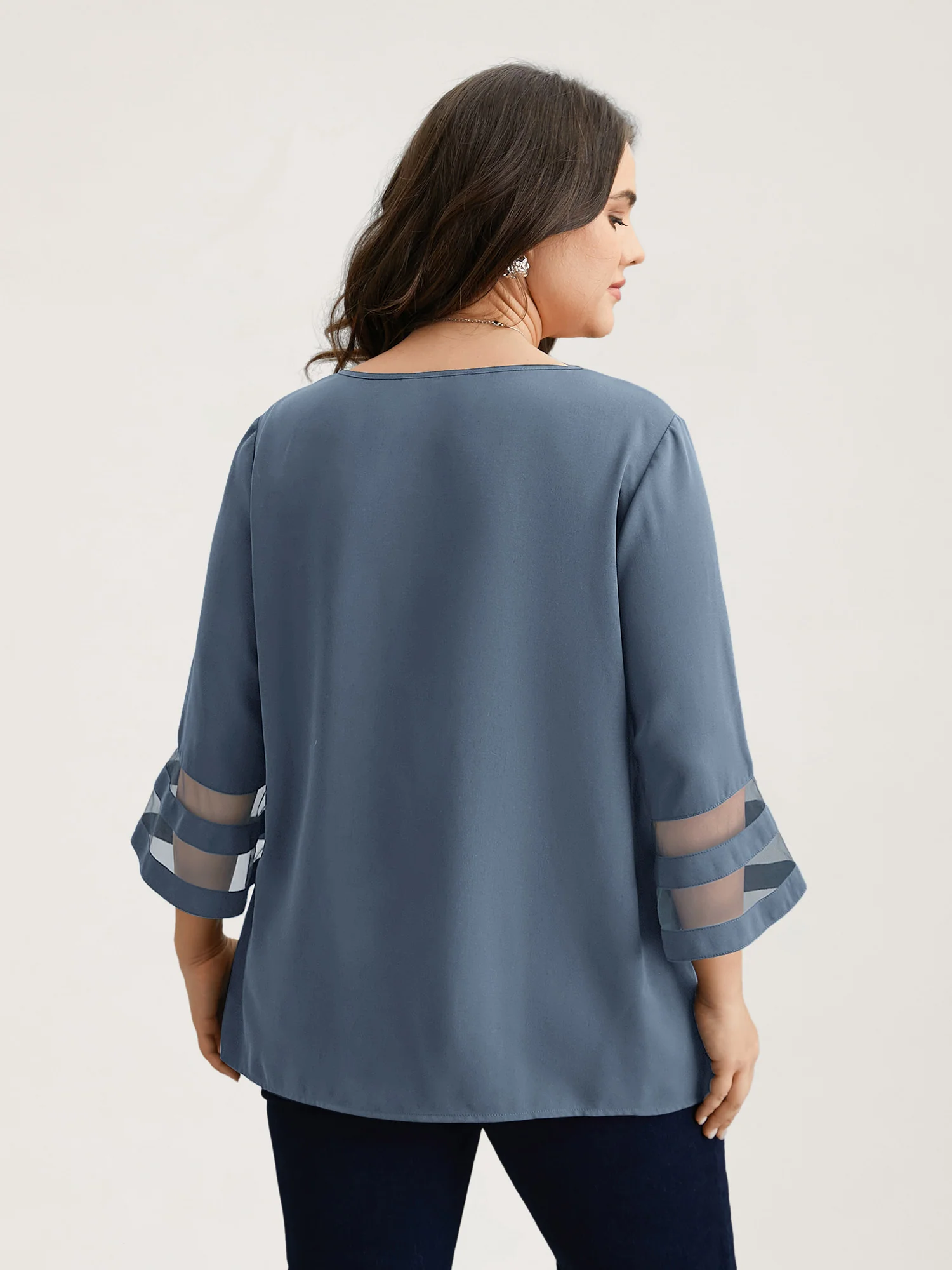 Sheer Sleeve Patchwork Asymmetrical Neckline Blouse - Image 15