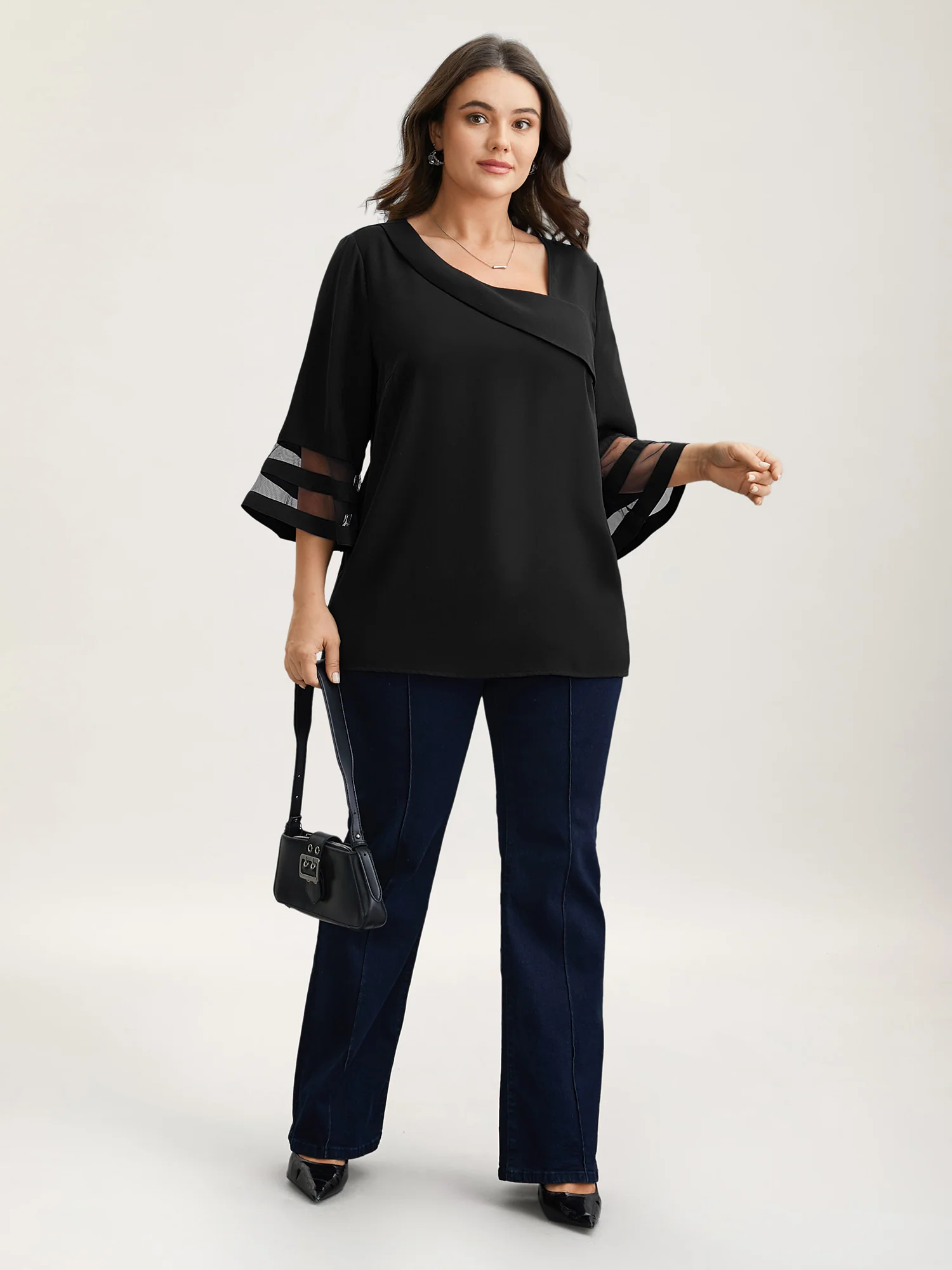 Sheer Sleeve Patchwork Asymmetrical Neckline Blouse - Image 2
