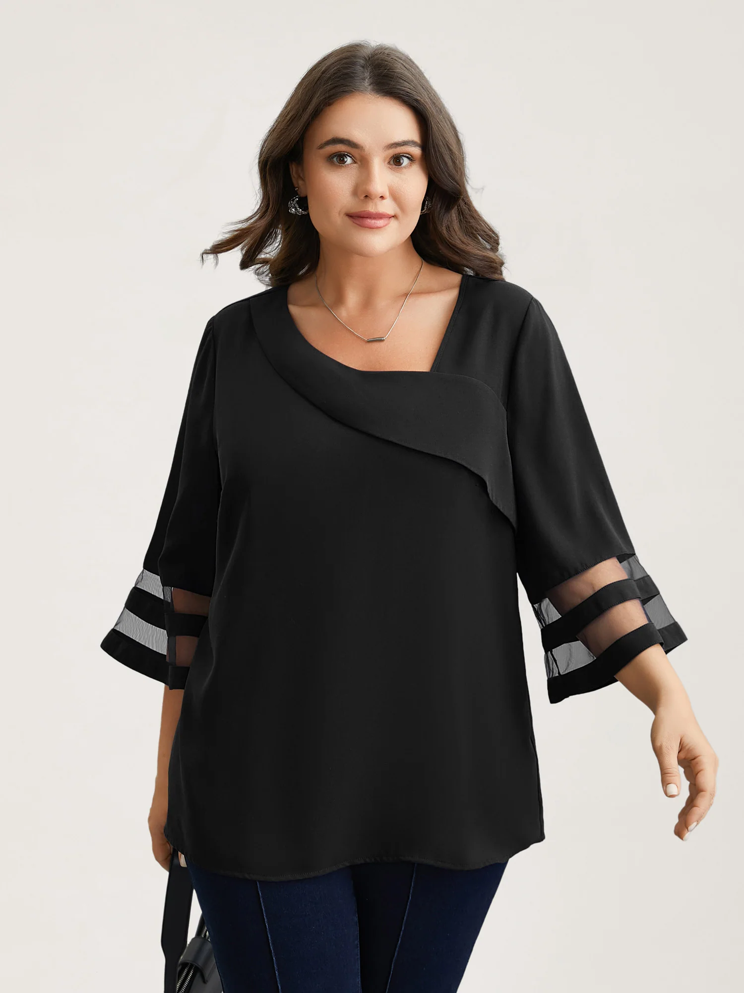 Sheer Sleeve Patchwork Asymmetrical Neckline Blouse - Image 3