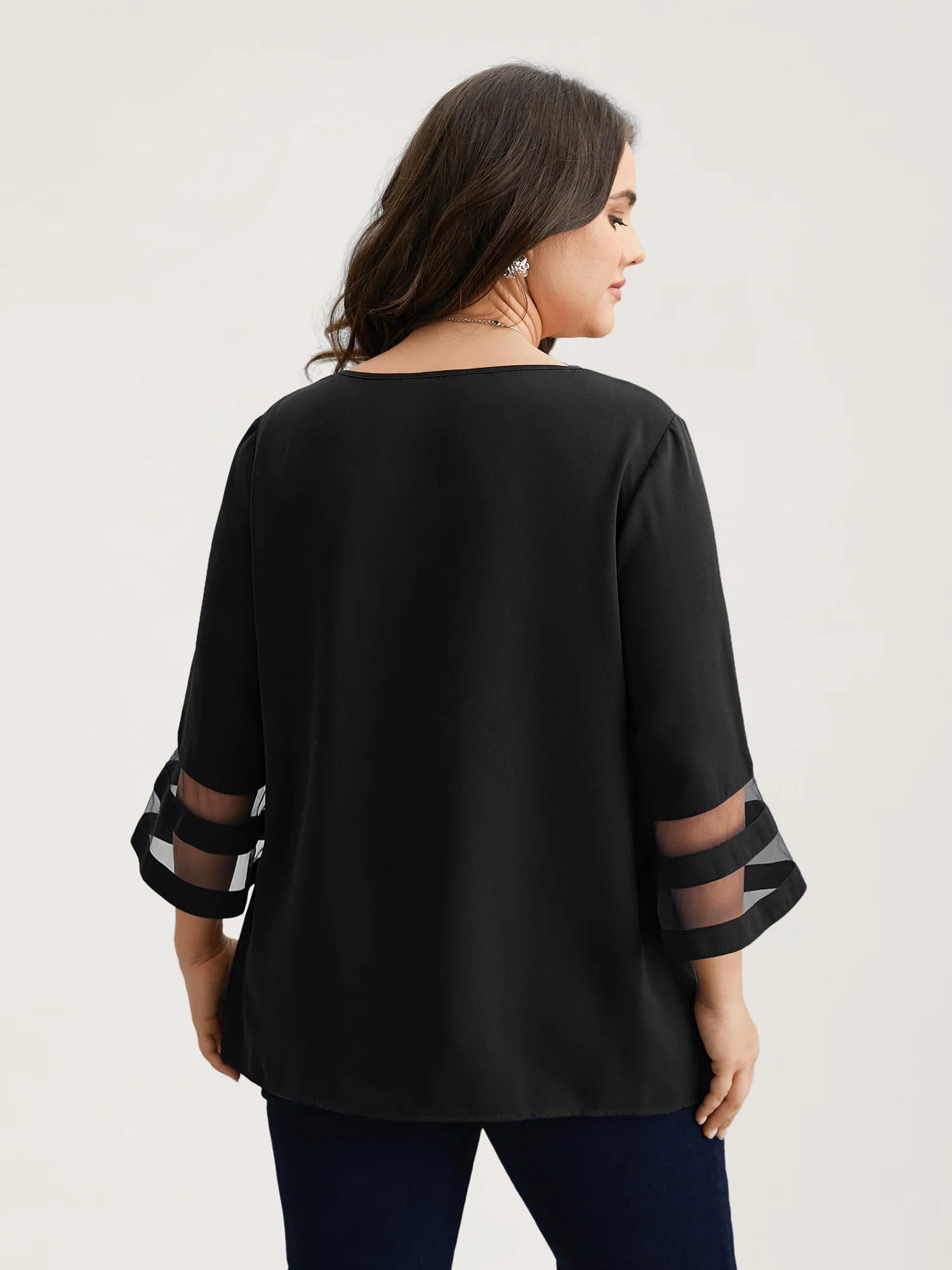 Sheer Sleeve Patchwork Asymmetrical Neckline Blouse - Image 4