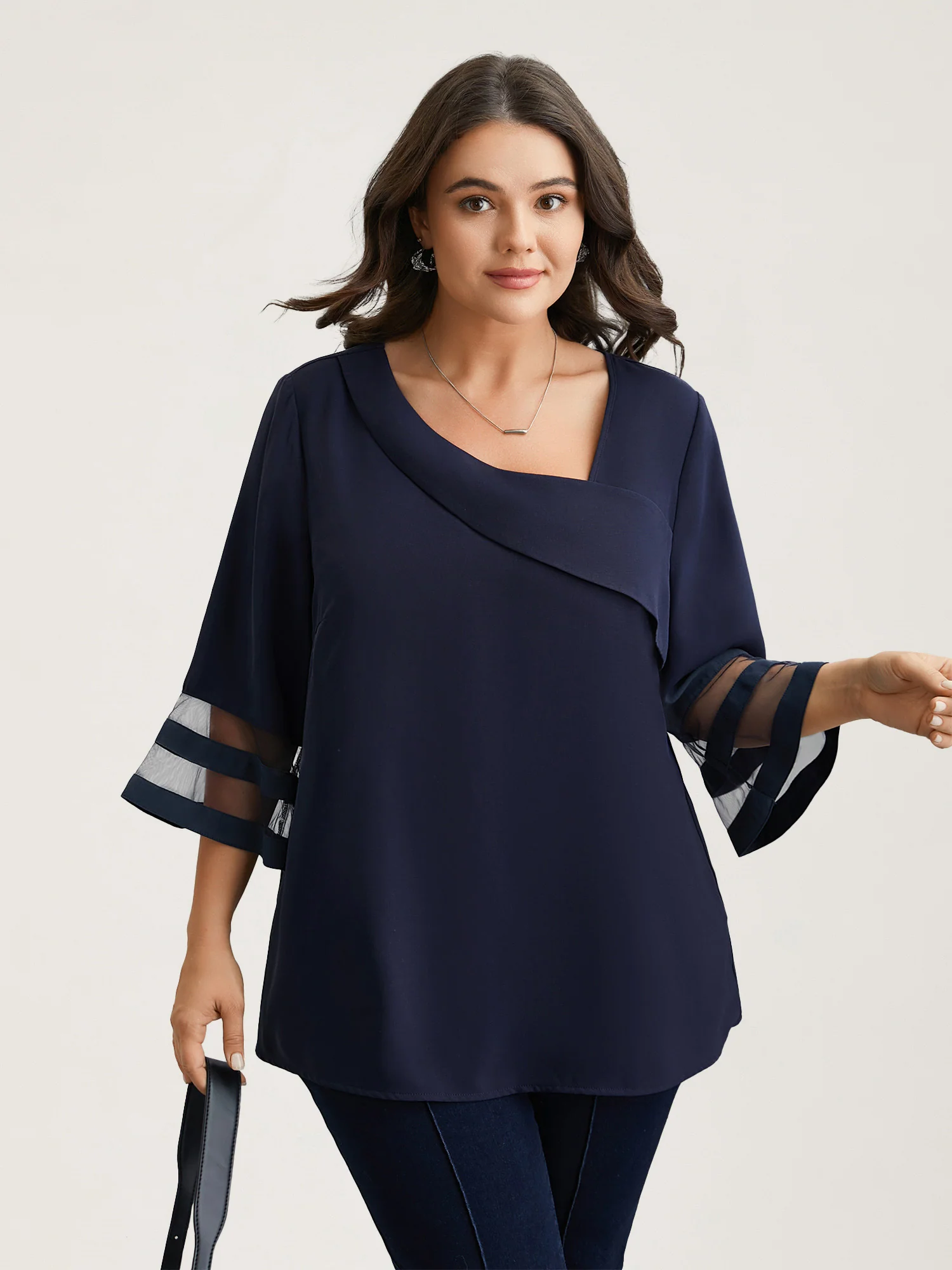 Sheer Sleeve Patchwork Asymmetrical Neckline Blouse - Image 5