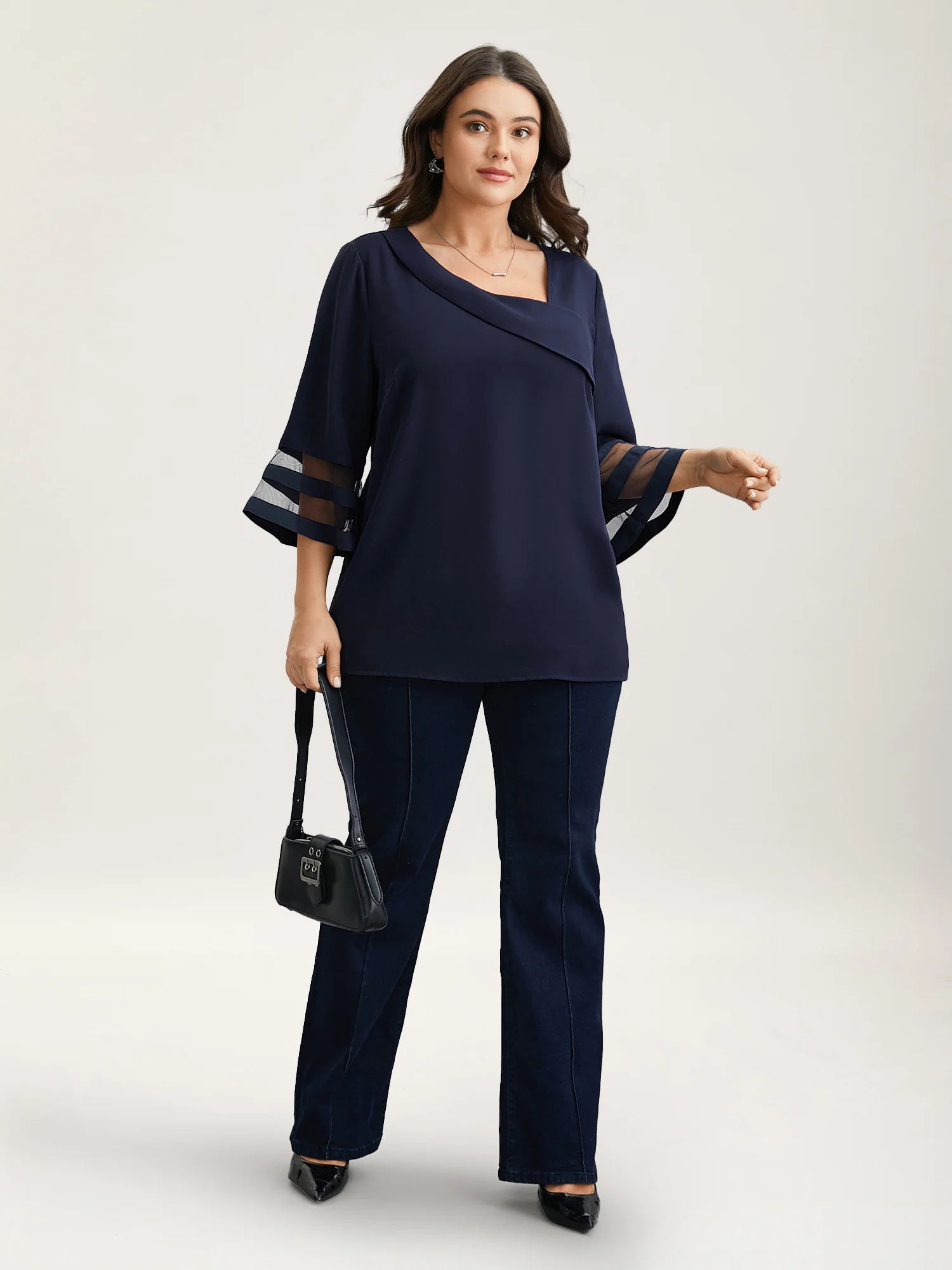 Sheer Sleeve Patchwork Asymmetrical Neckline Blouse - Image 6