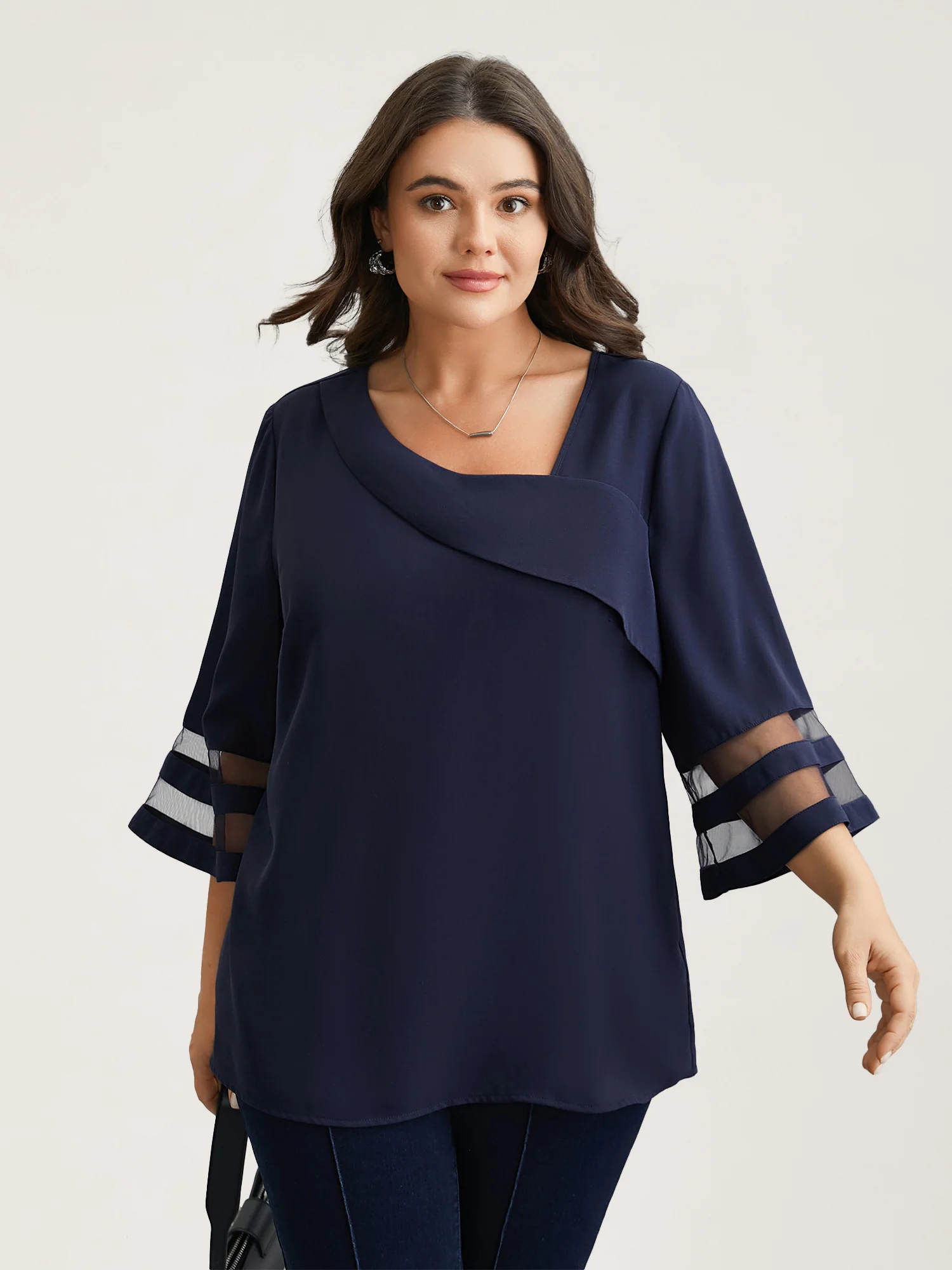 Sheer Sleeve Patchwork Asymmetrical Neckline Blouse - Image 7