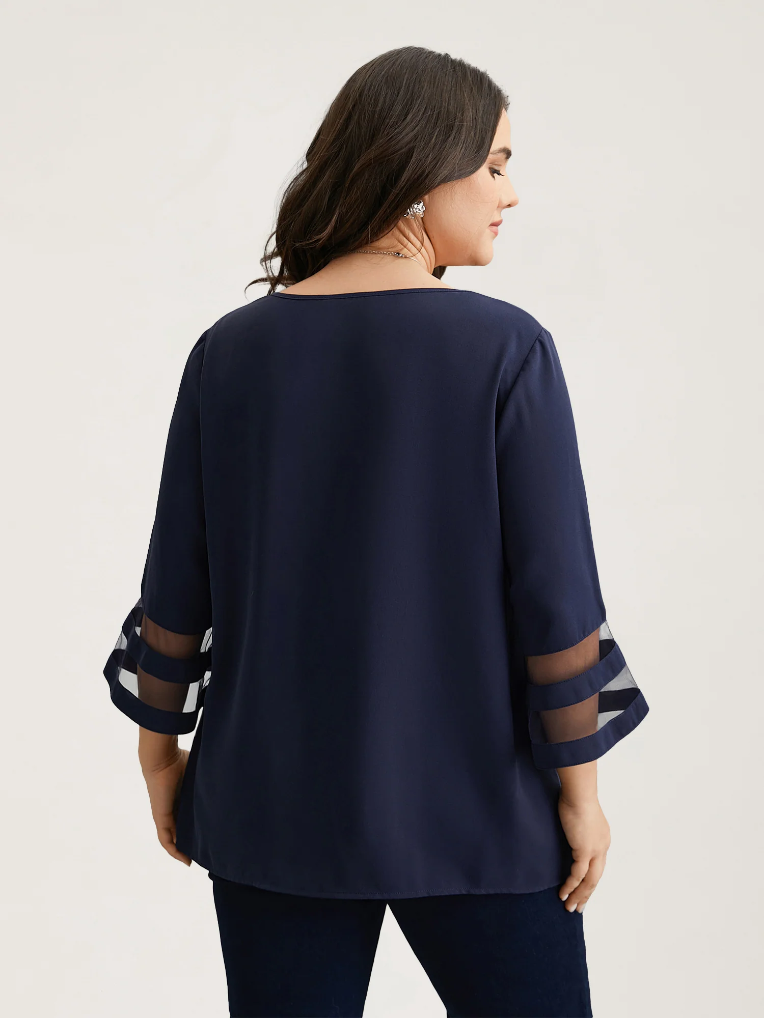 Sheer Sleeve Patchwork Asymmetrical Neckline Blouse - Image 8