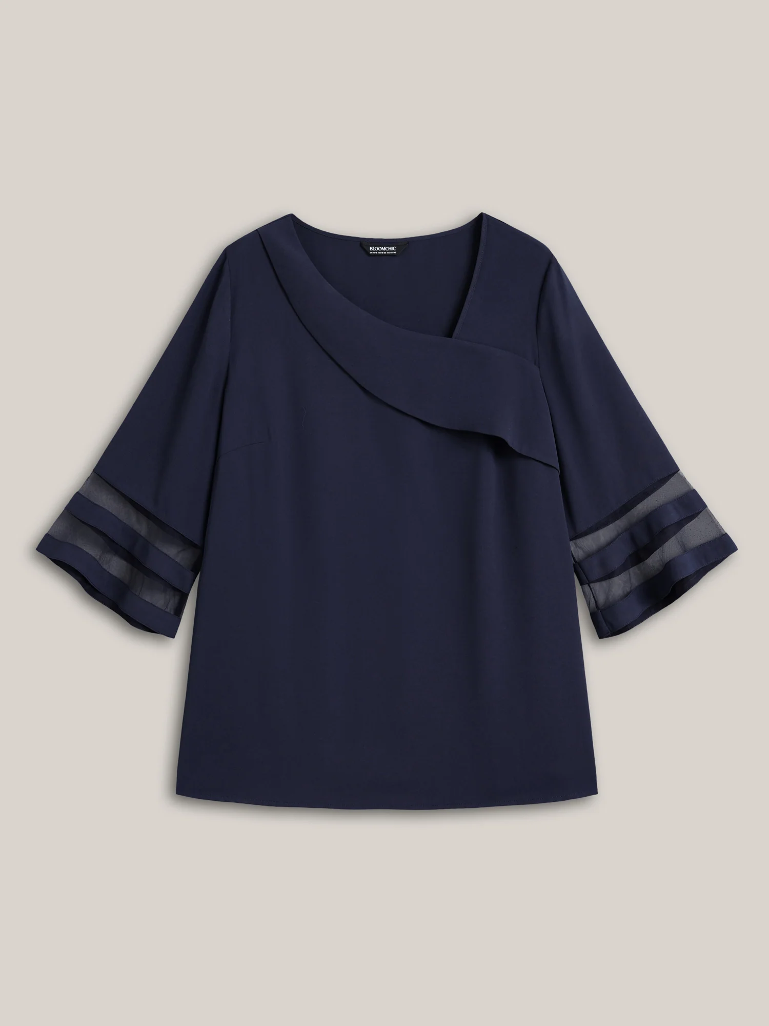 Sheer Sleeve Patchwork Asymmetrical Neckline Blouse - Image 9