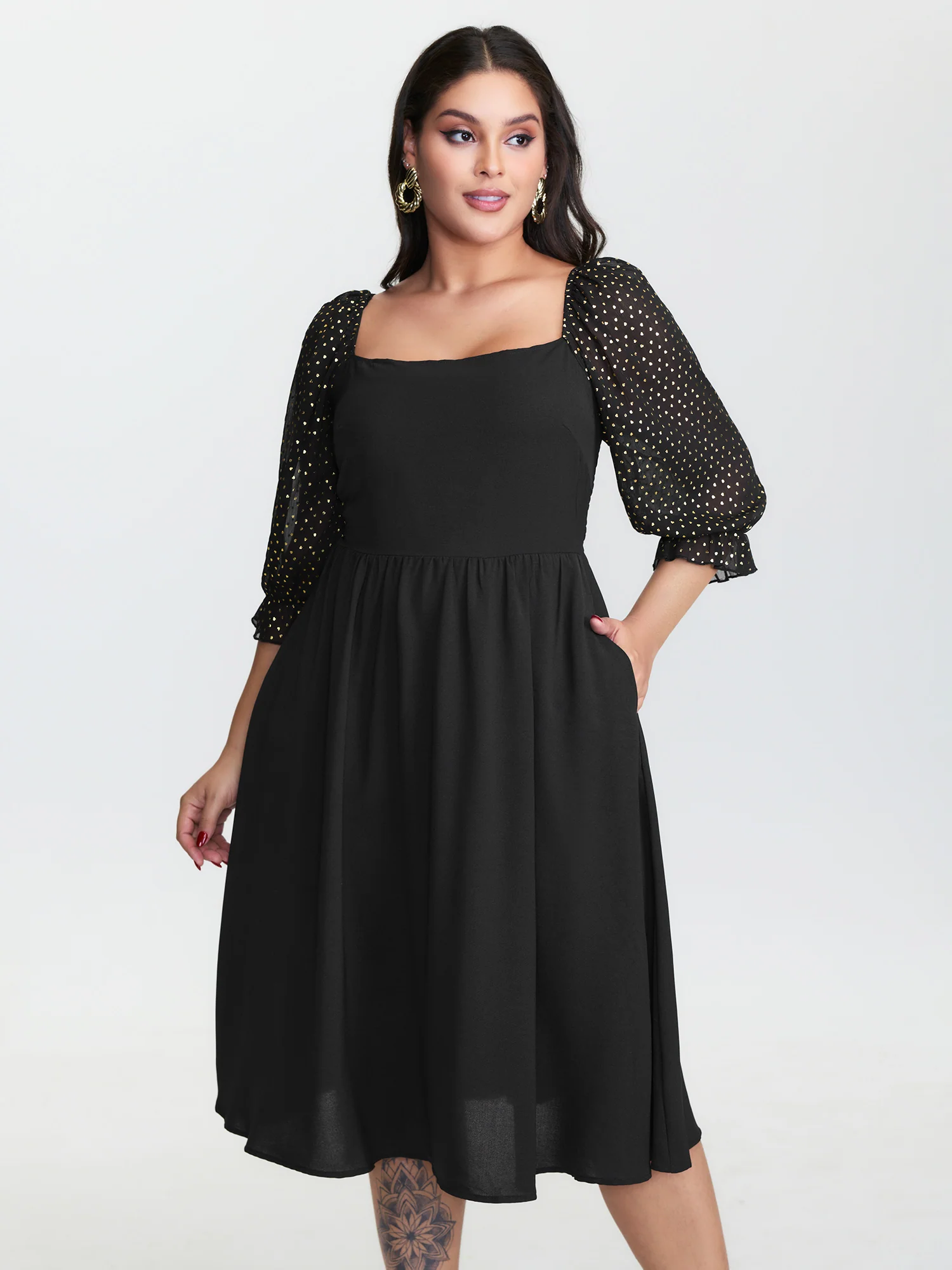 Sheer Sleeve Shirred Stretchy Waist Midi Dress - Image 2
