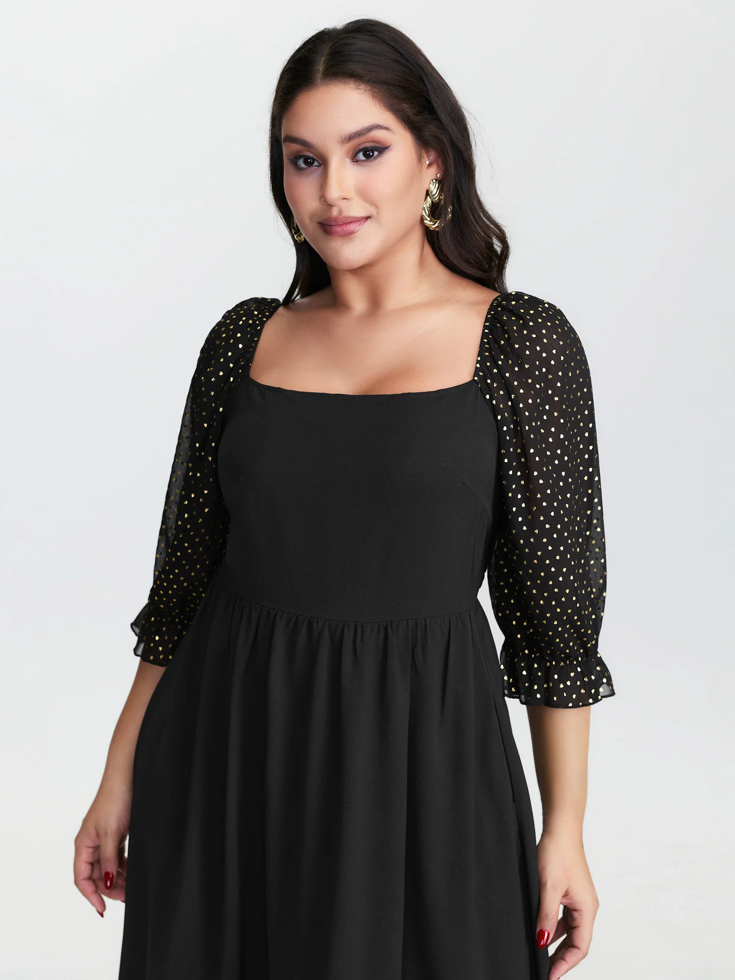 Sheer Sleeve Shirred Stretchy Waist Midi Dress - Image 3