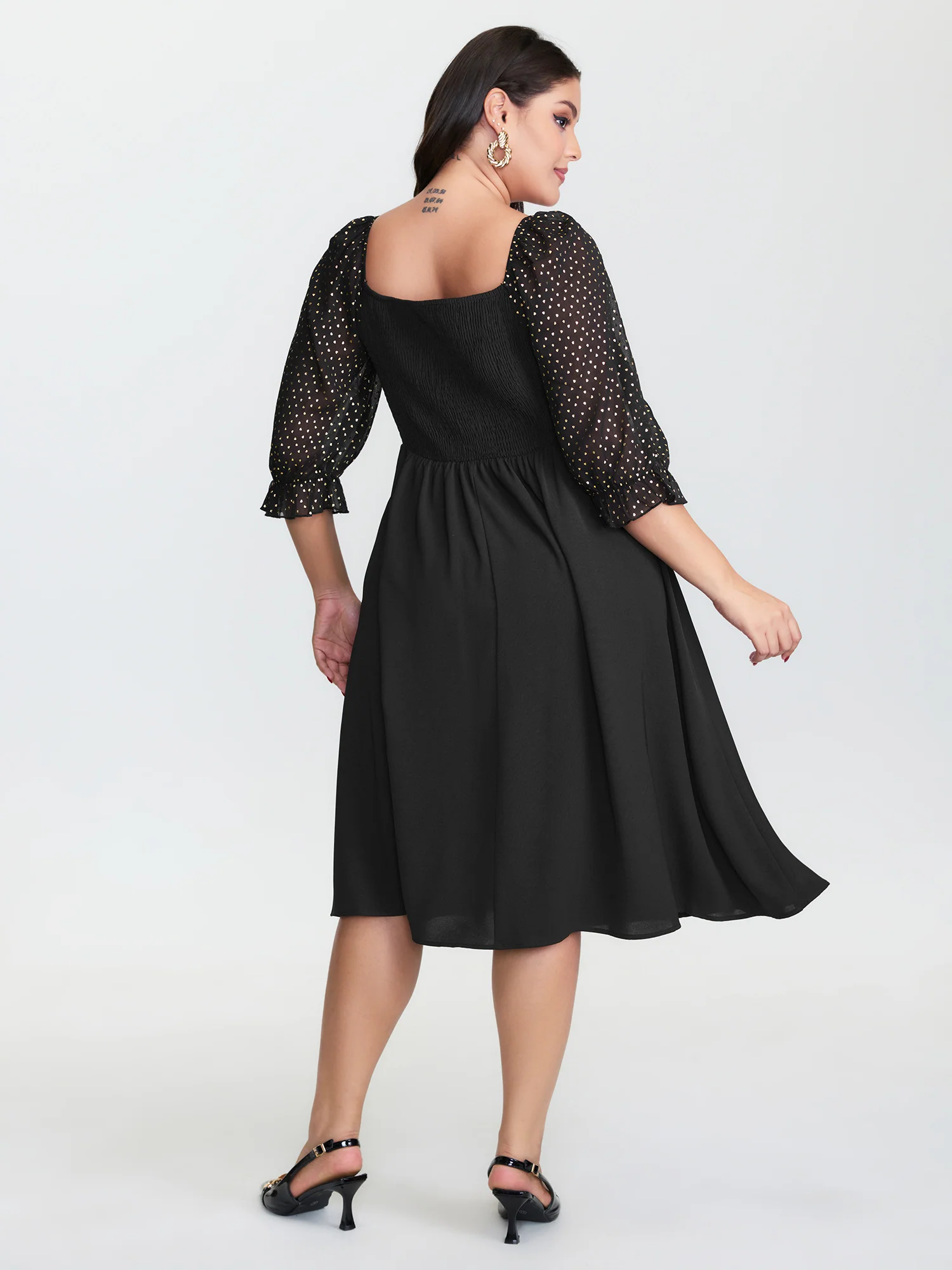 Sheer Sleeve Shirred Stretchy Waist Midi Dress - Image 4