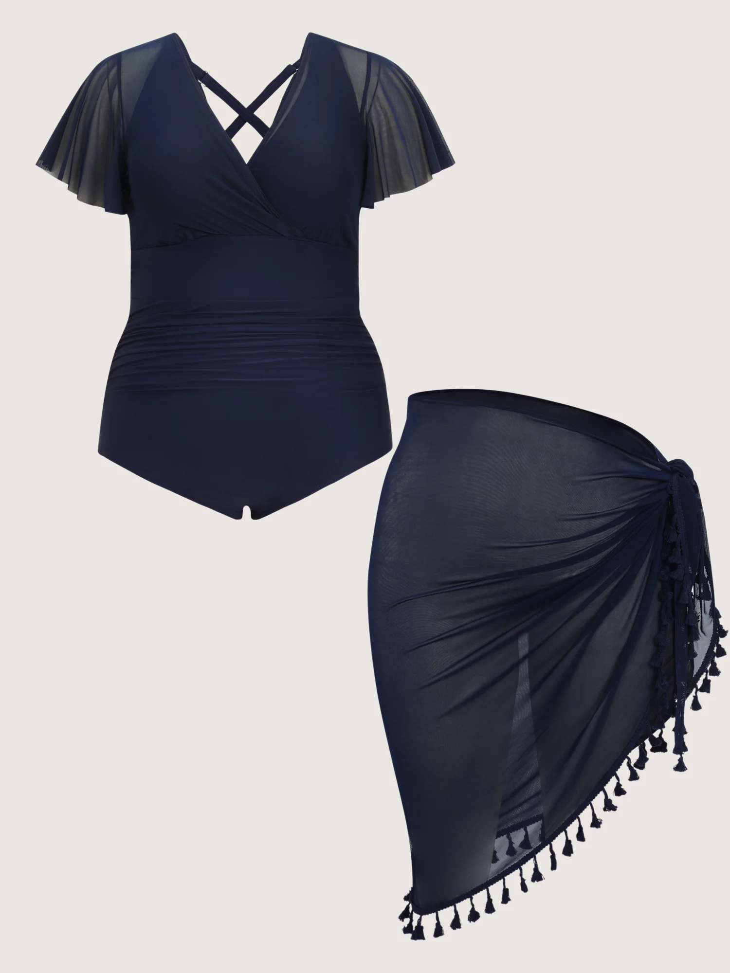 Sheer Sleeve Tassel Hem One-Piece Swimsuit - Image 7