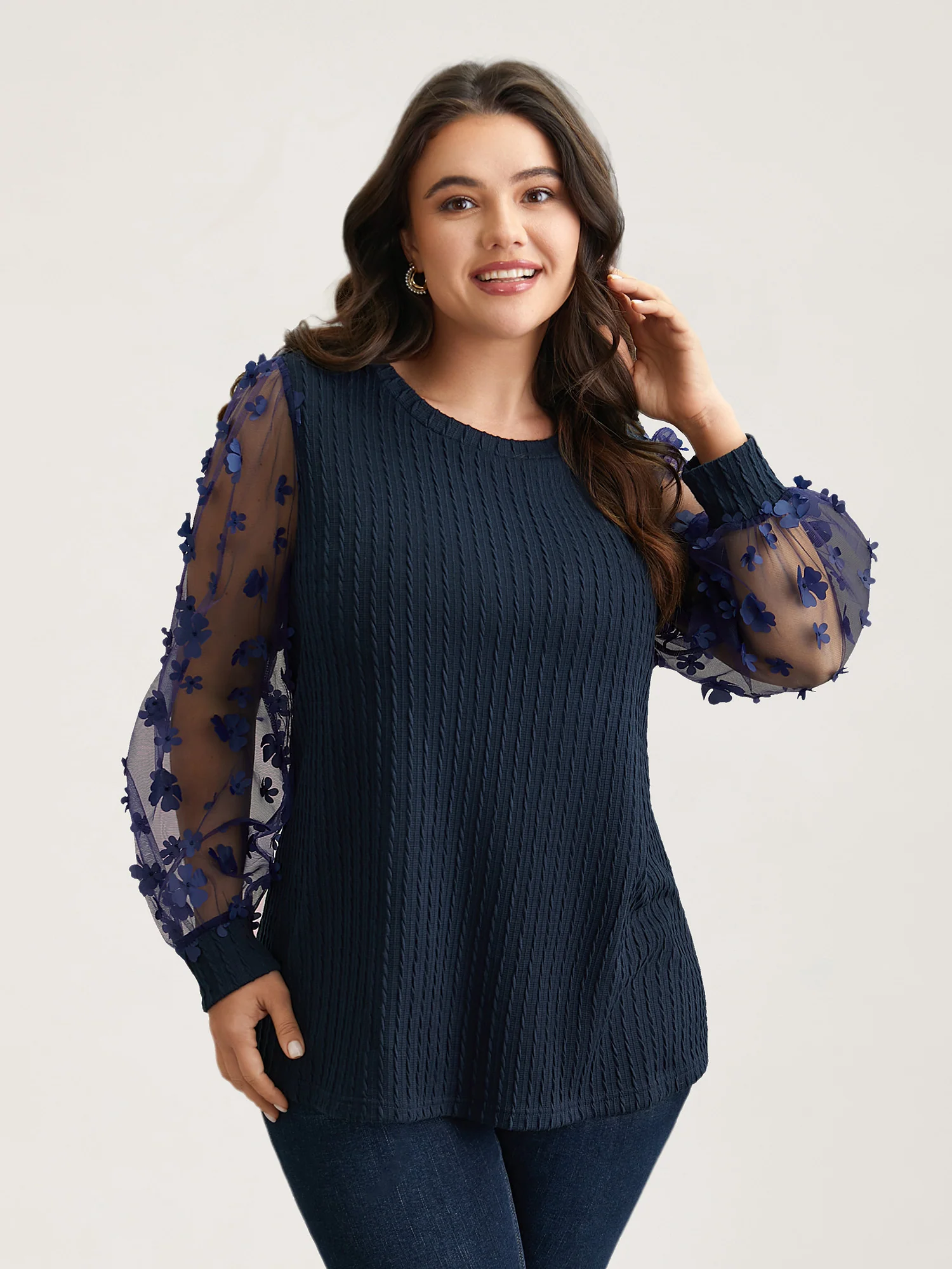Sheer Sleeve Textured Patchwork Round Neck T-Shirt - Image 2