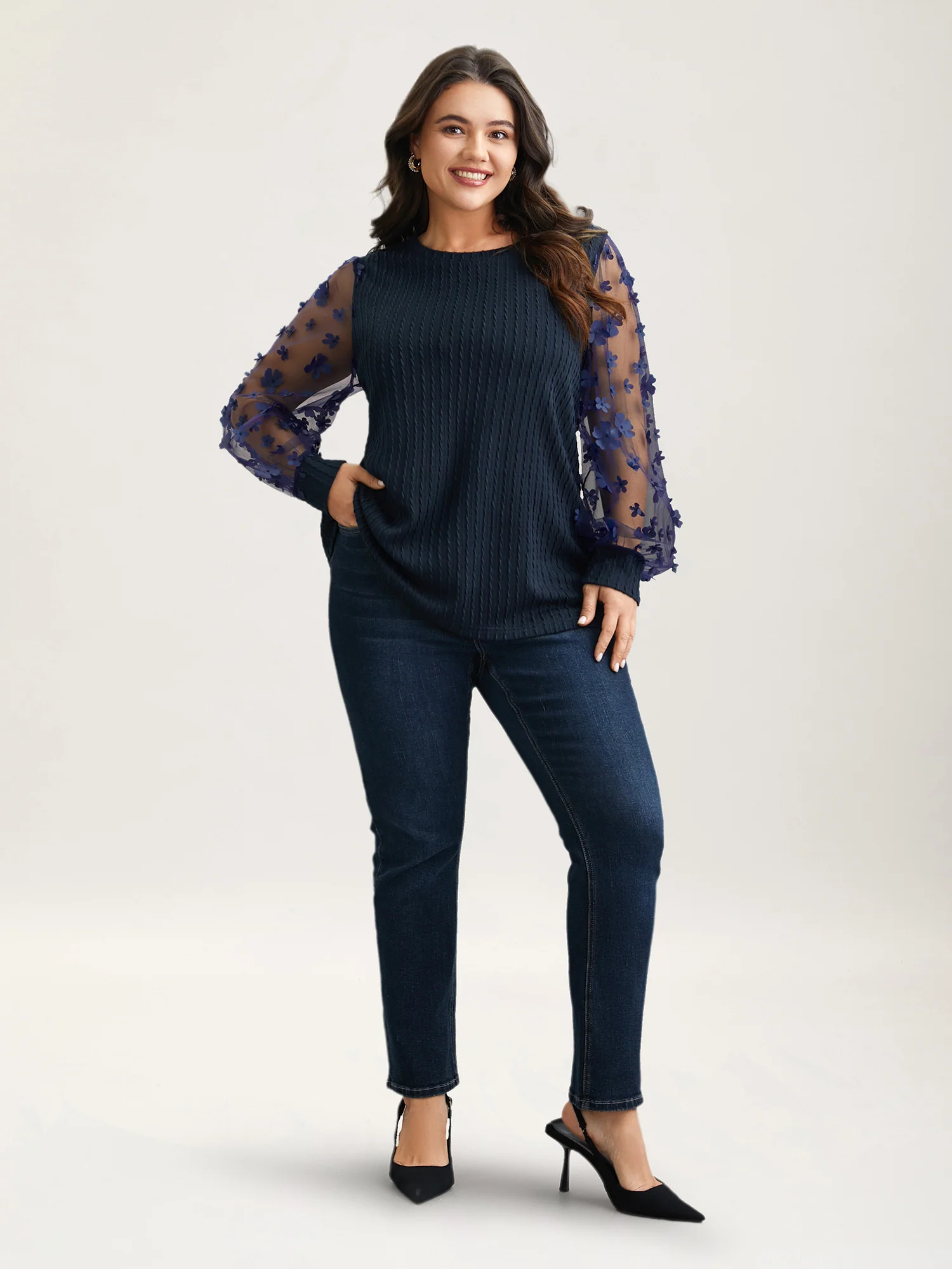 Sheer Sleeve Textured Patchwork Round Neck T-Shirt - Image 3