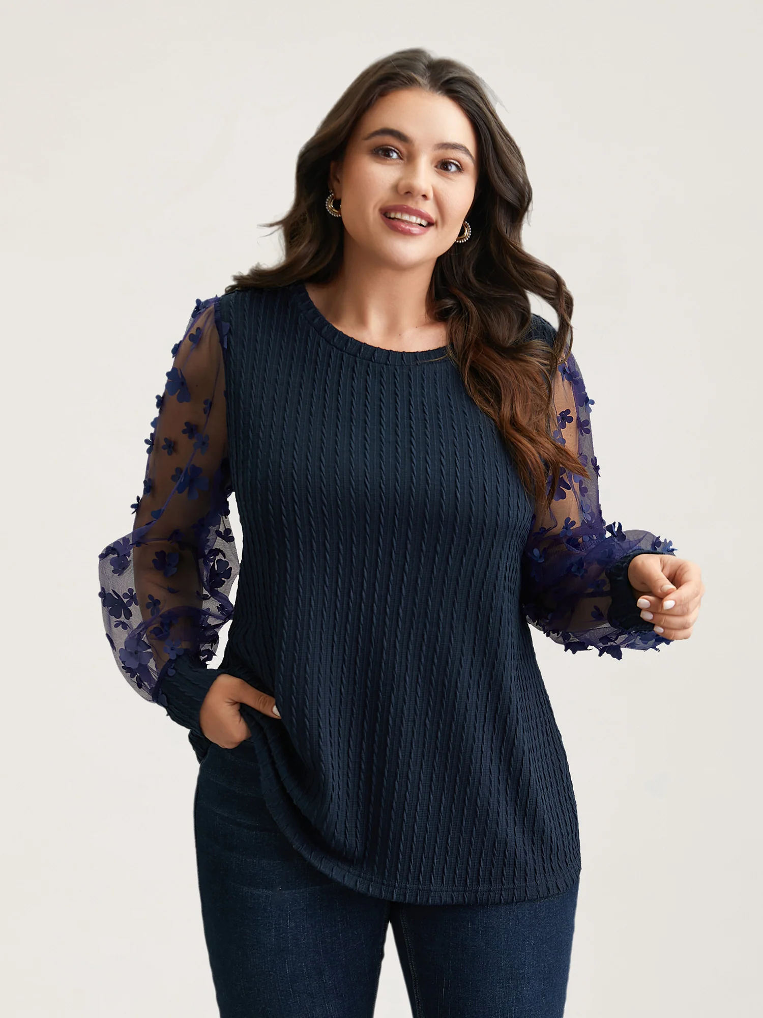Sheer Sleeve Textured Patchwork Round Neck T-Shirt - Image 4