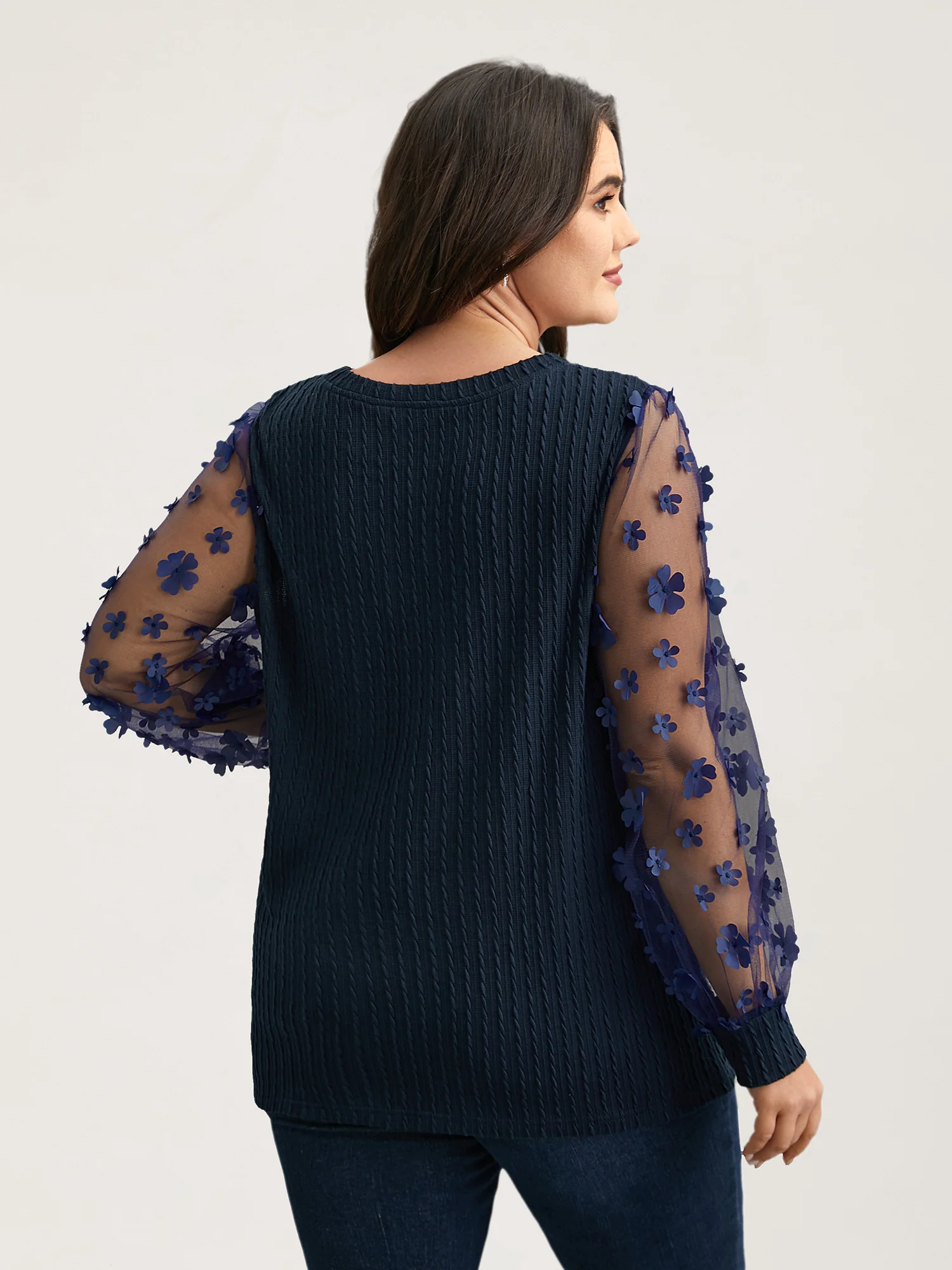 Sheer Sleeve Textured Patchwork Round Neck T-Shirt - Image 5