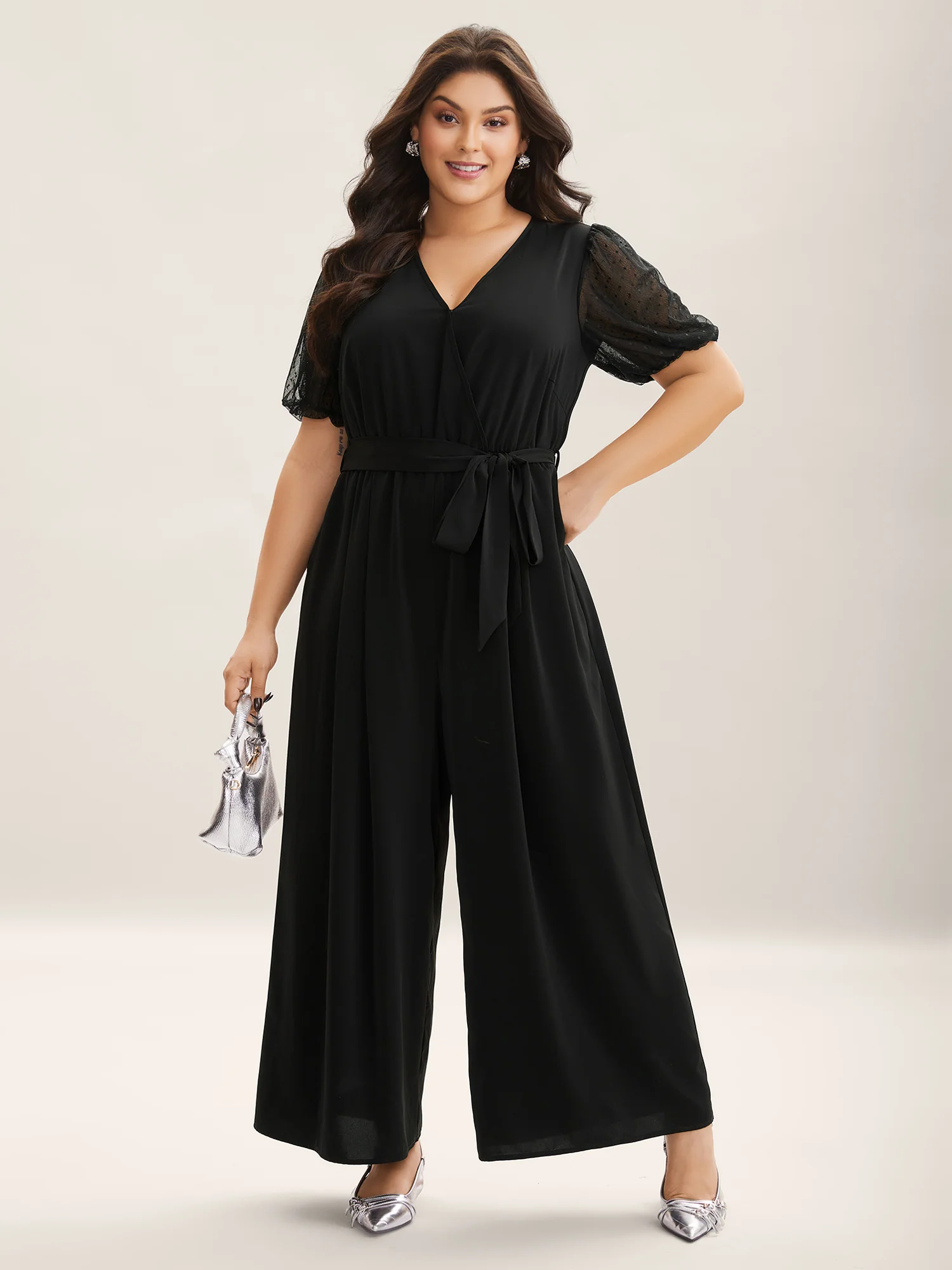Sheer Stretchy Waist Belted Solid Jumpsuit - Image 3