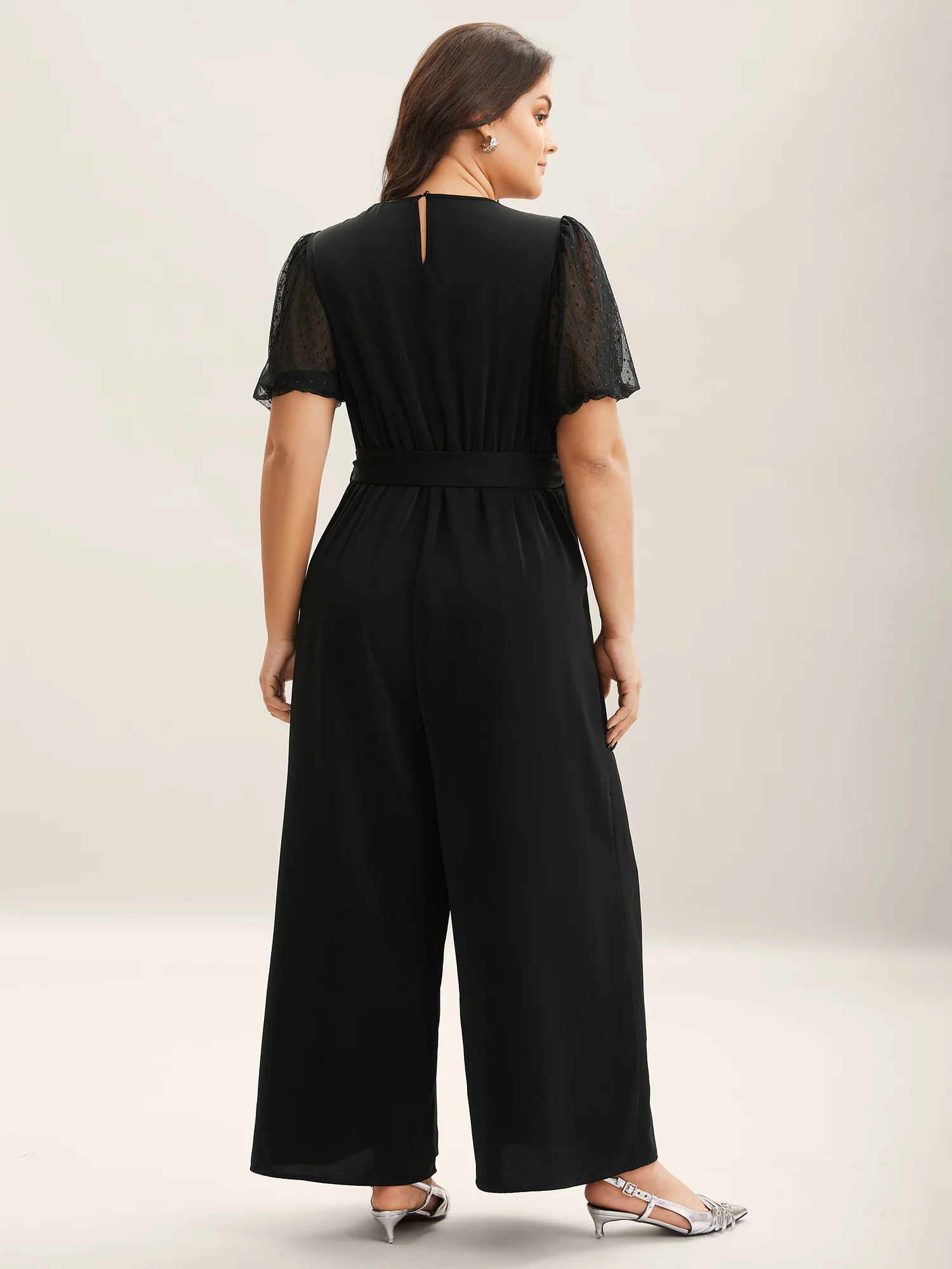 Sheer Stretchy Waist Belted Solid Jumpsuit - Image 4