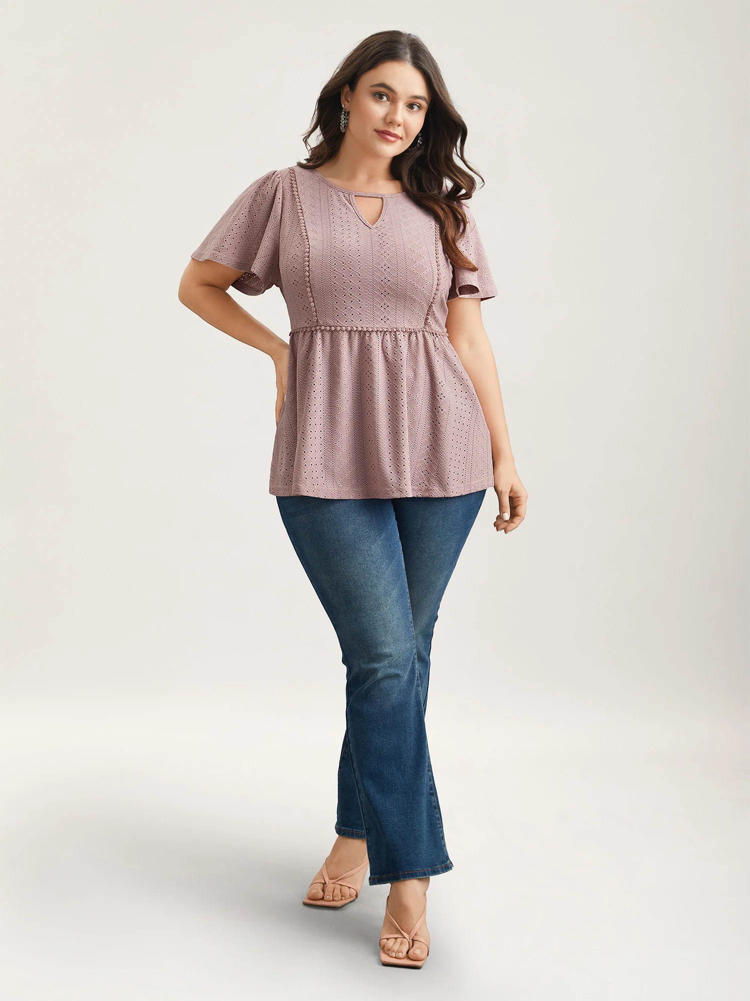 Sheer Textured Lace Panel Flared Top - Image 3