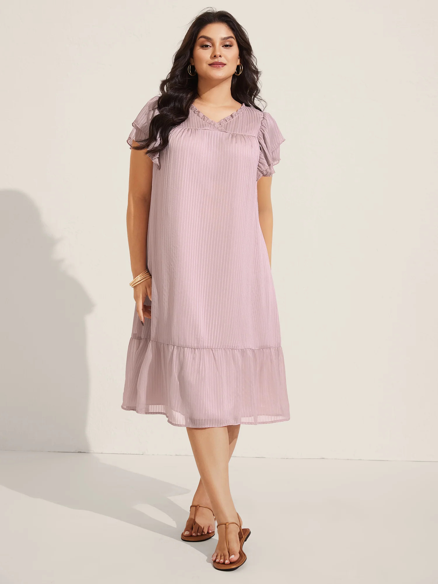 Sheer Textured Layered Ruffled Sleeve Midi Dress - Image 3