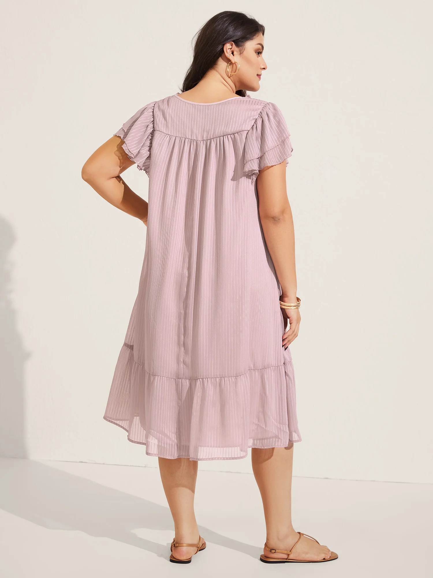 Sheer Textured Layered Ruffled Sleeve Midi Dress - Image 4