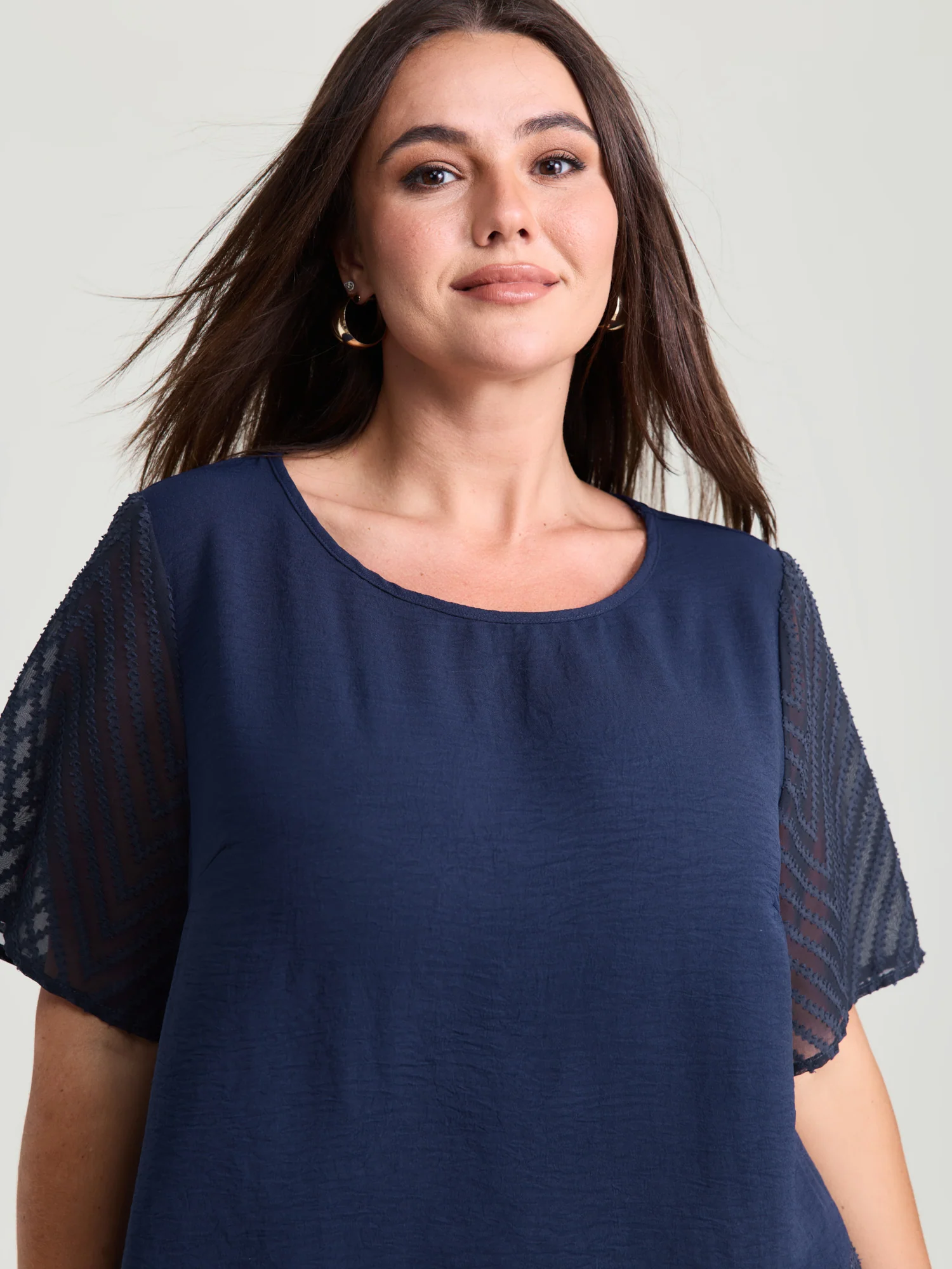 Sheer Textured Sleeve Round Neck Blouse - Image 2