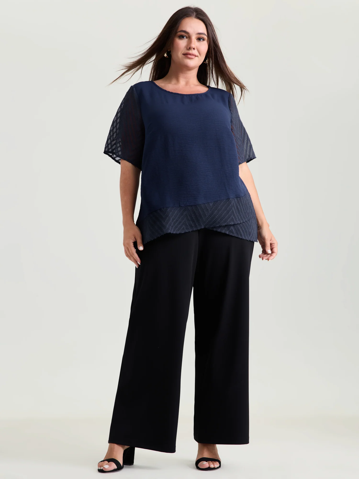 Sheer Textured Sleeve Round Neck Blouse - Image 3