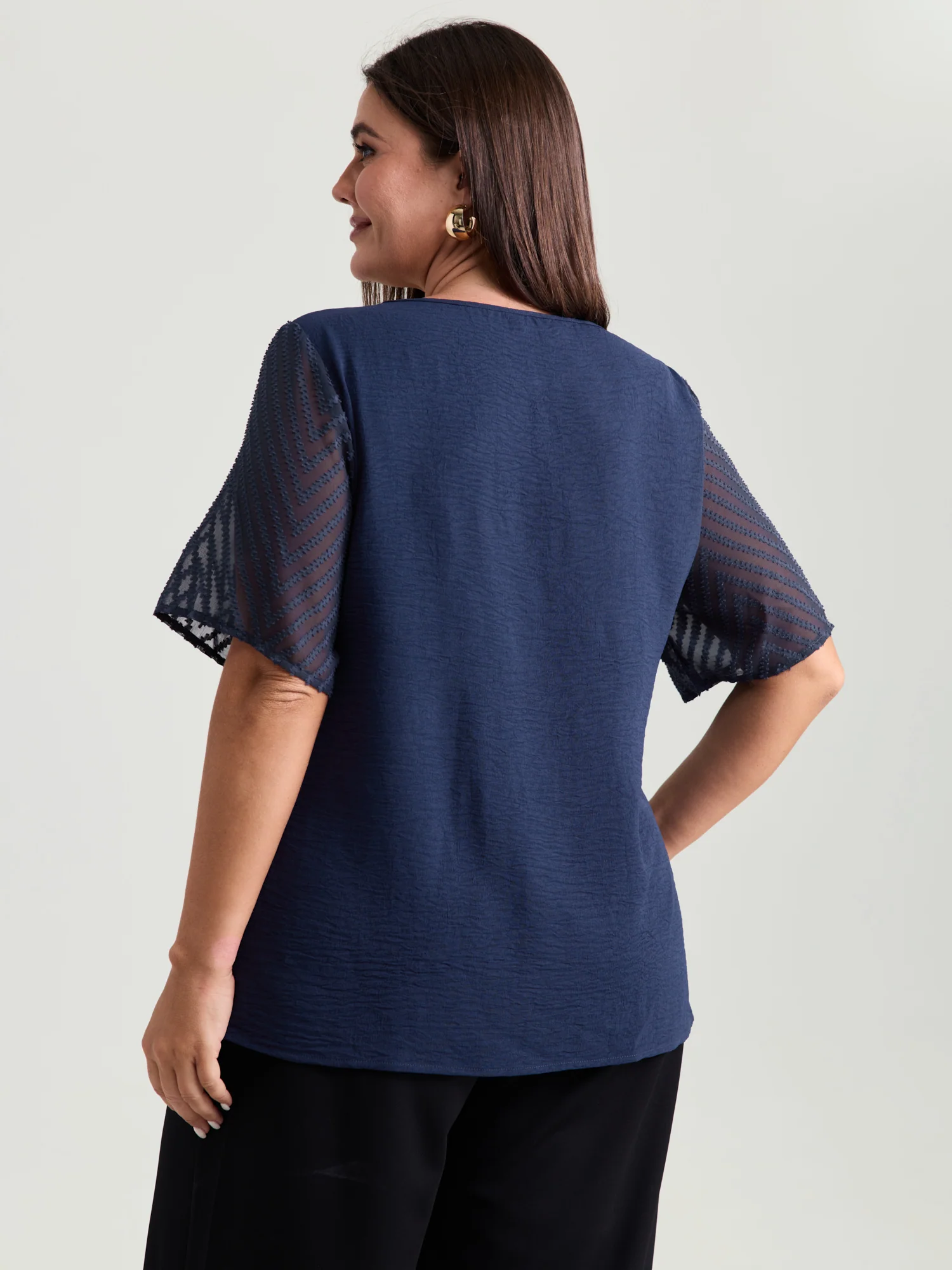Sheer Textured Sleeve Round Neck Blouse - Image 4