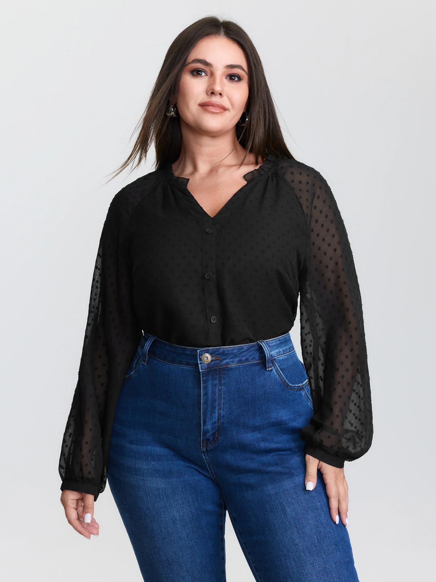 Sheer Textured Sleeve Ruffled Neckline Blouse - Image 2