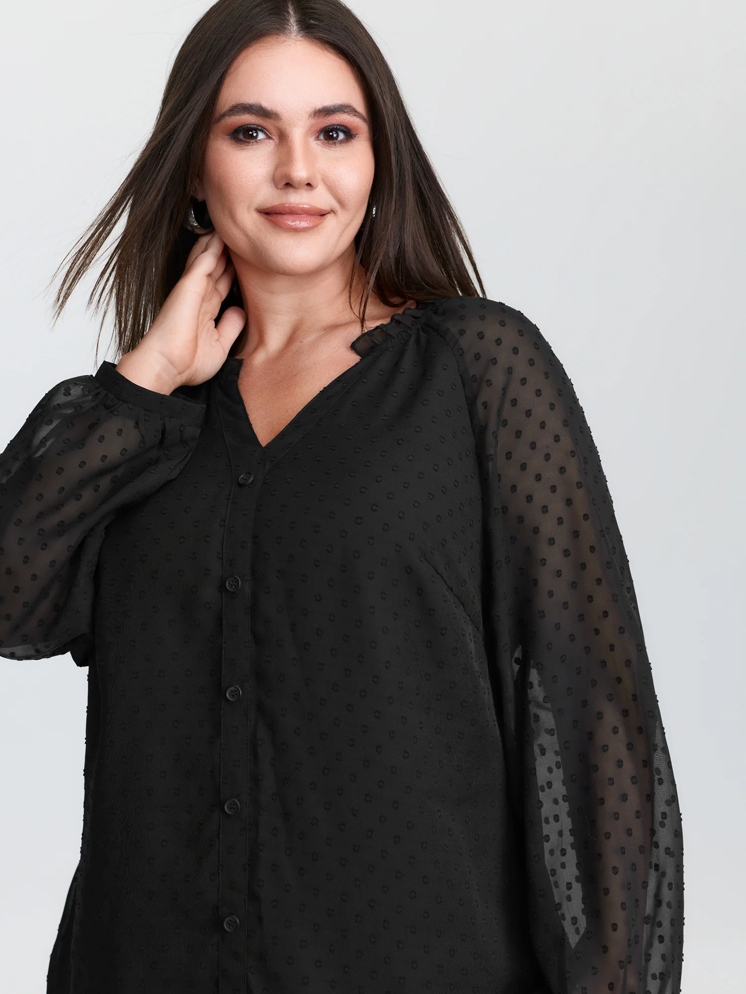 Sheer Textured Sleeve Ruffled Neckline Blouse - Image 3