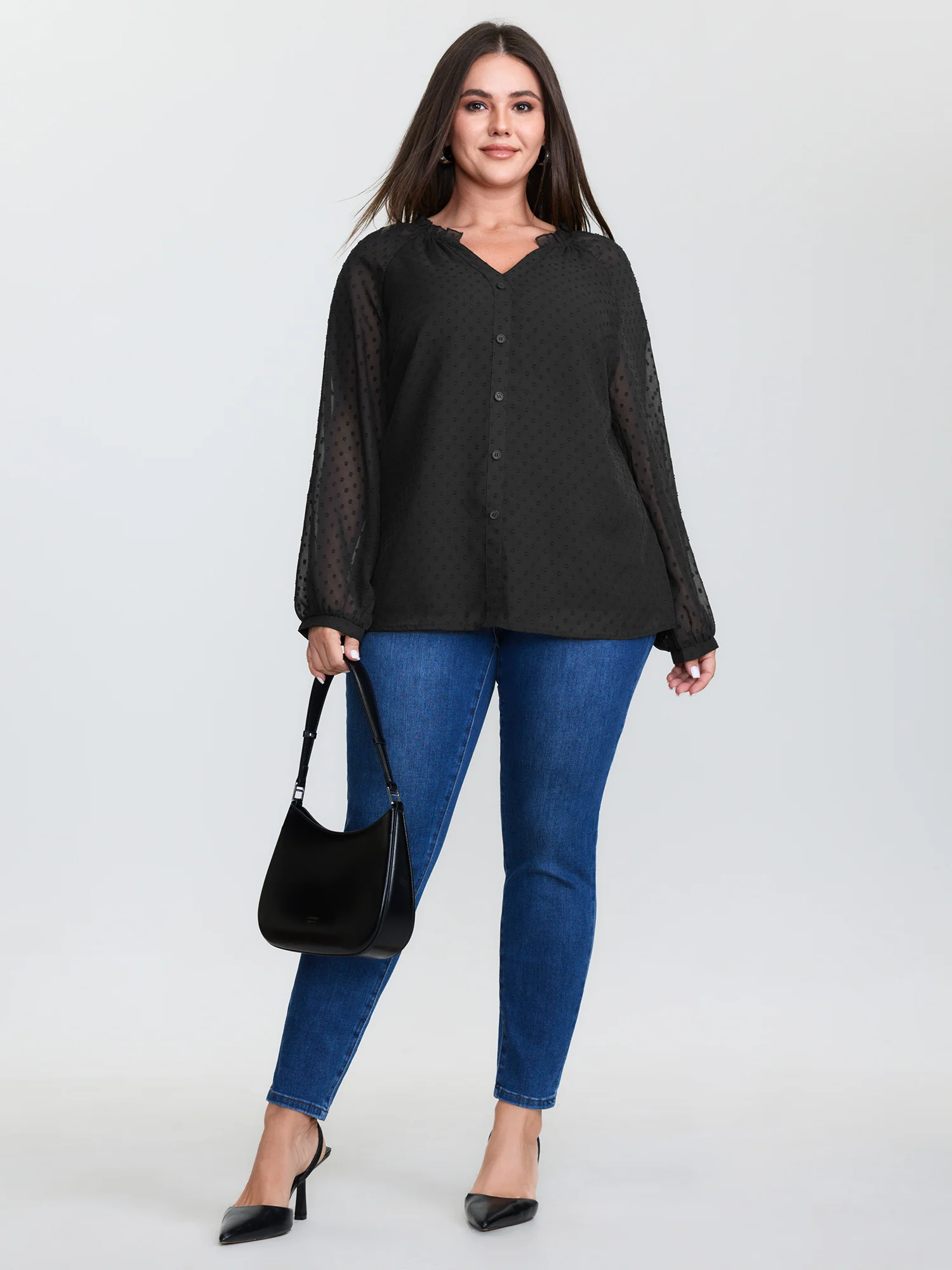 Sheer Textured Sleeve Ruffled Neckline Blouse - Image 4