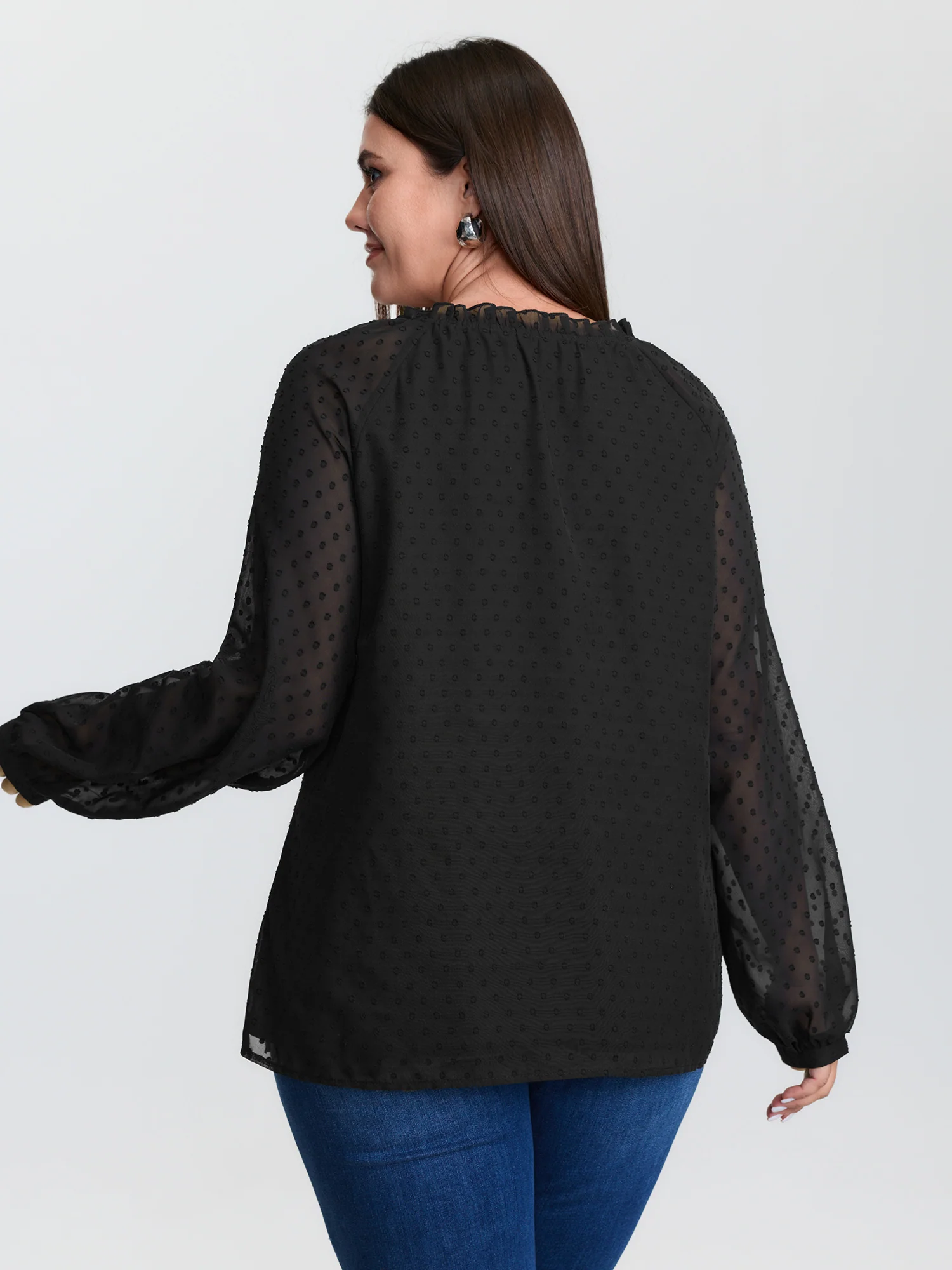 Sheer Textured Sleeve Ruffled Neckline Blouse - Image 6