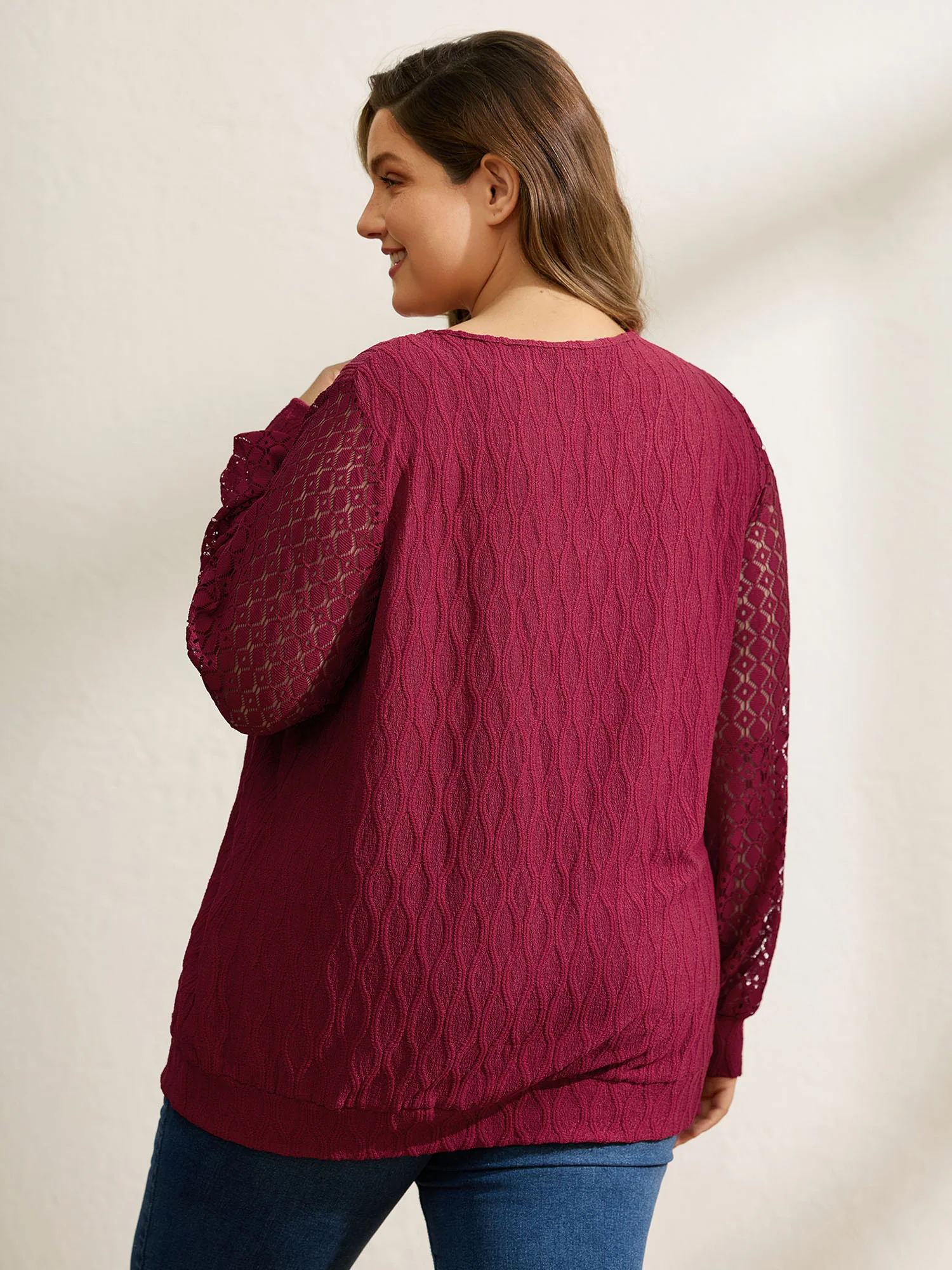 Sheer Textured Sleeve Stretchy Knit Top - Image 5