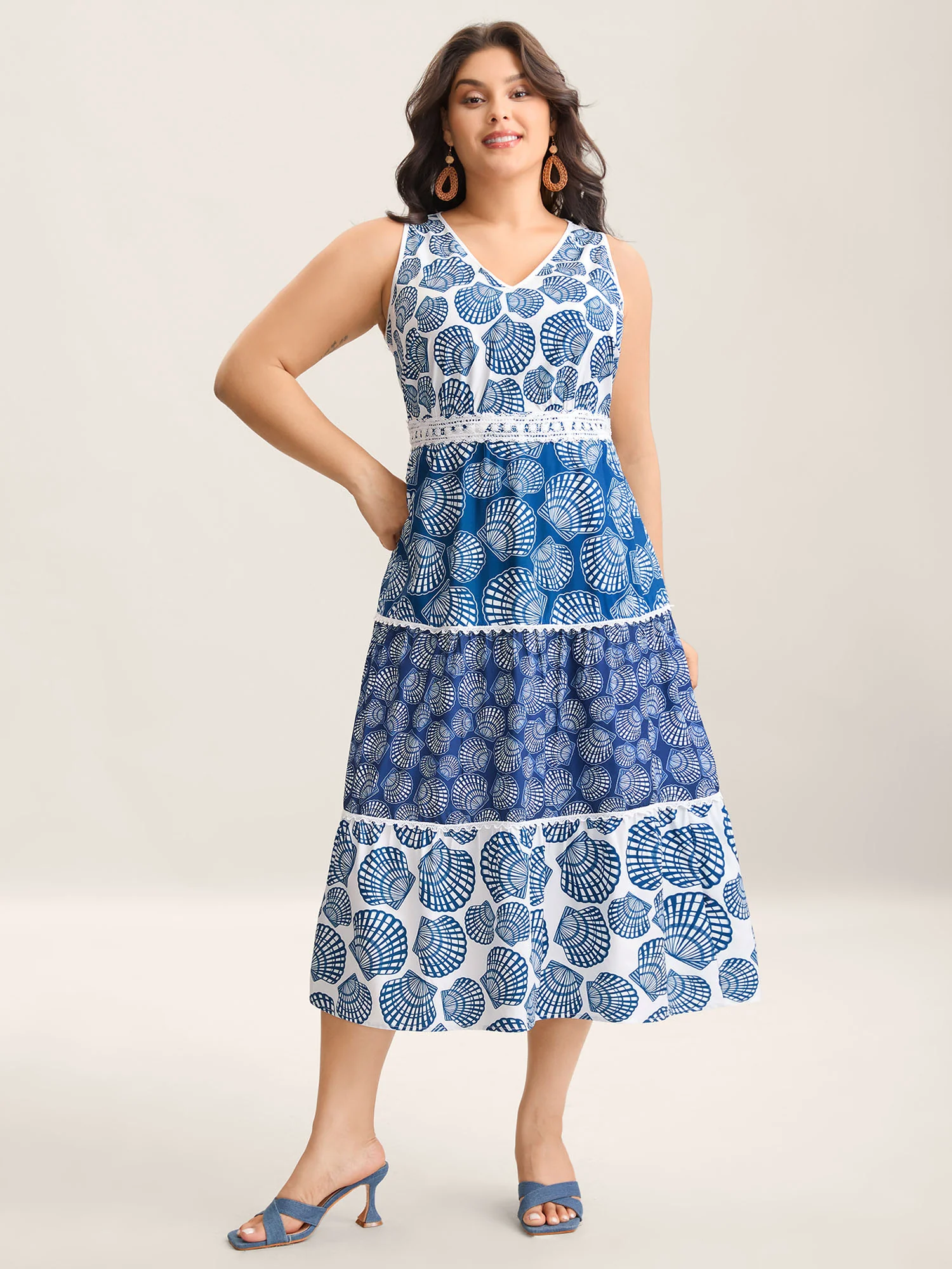 Shell Print Lace Trim Pockets Maxi Dress - Image 3