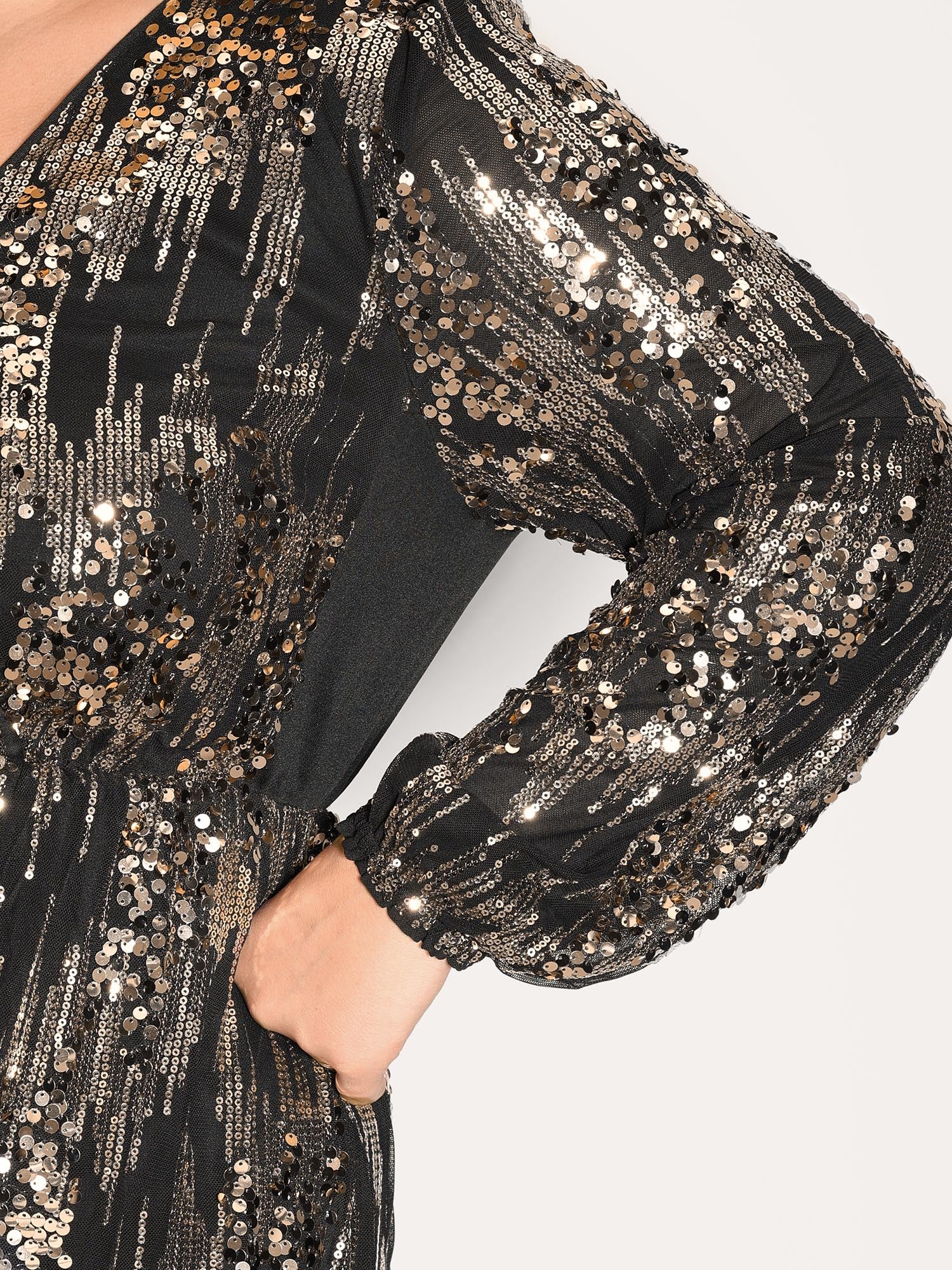 Shimmery Gold Silver Sequin Wrap Party Dress - Image 3