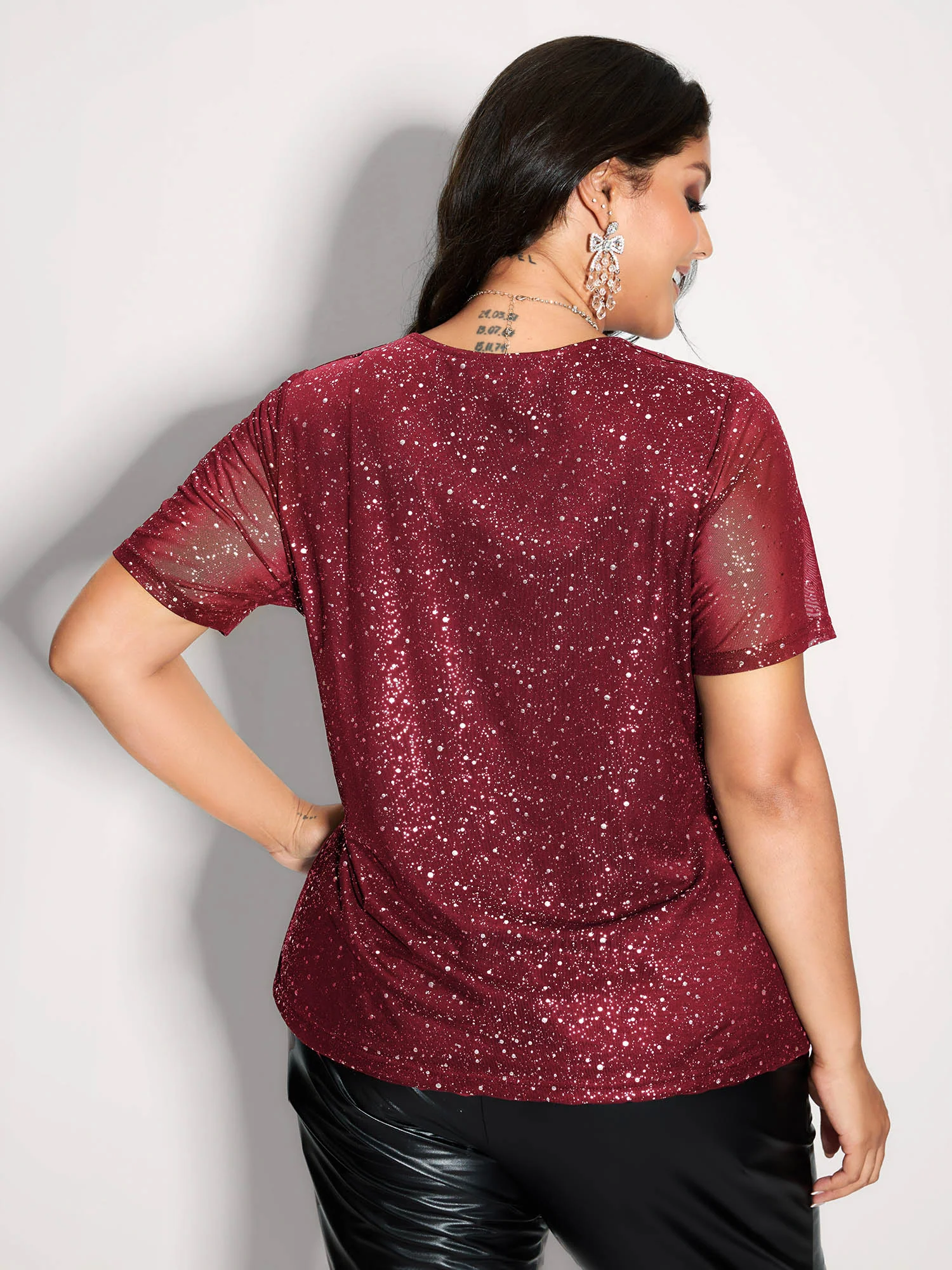 Shimmery Wrap Neck Sheer Sleeve T-Shirt - Image 10