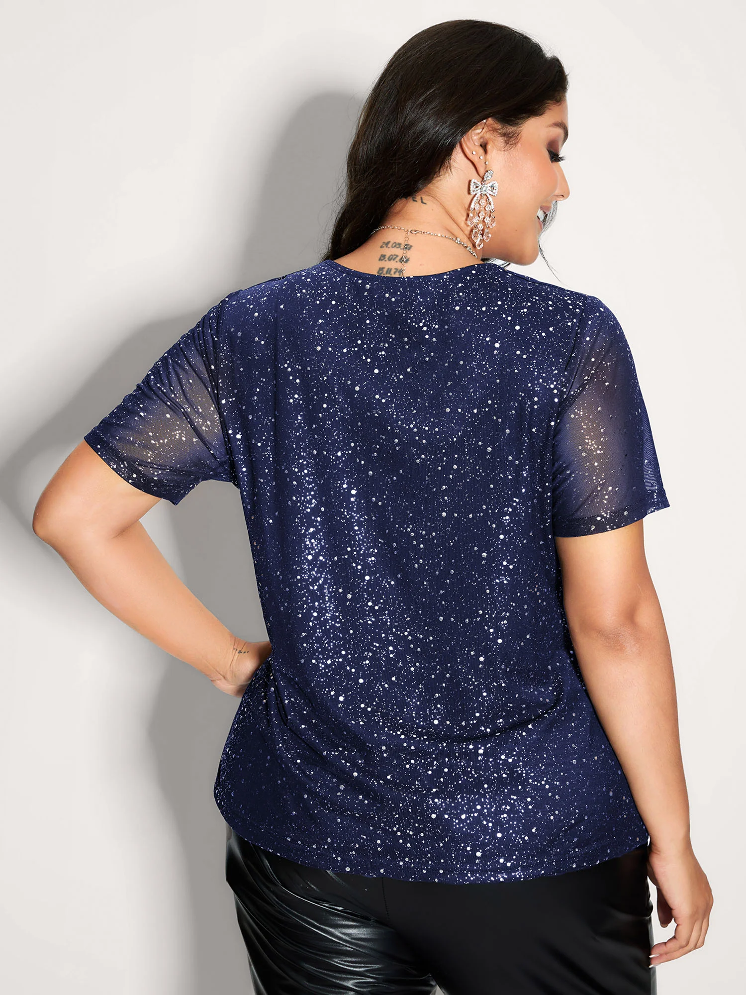 Shimmery Wrap Neck Sheer Sleeve T-Shirt - Image 14