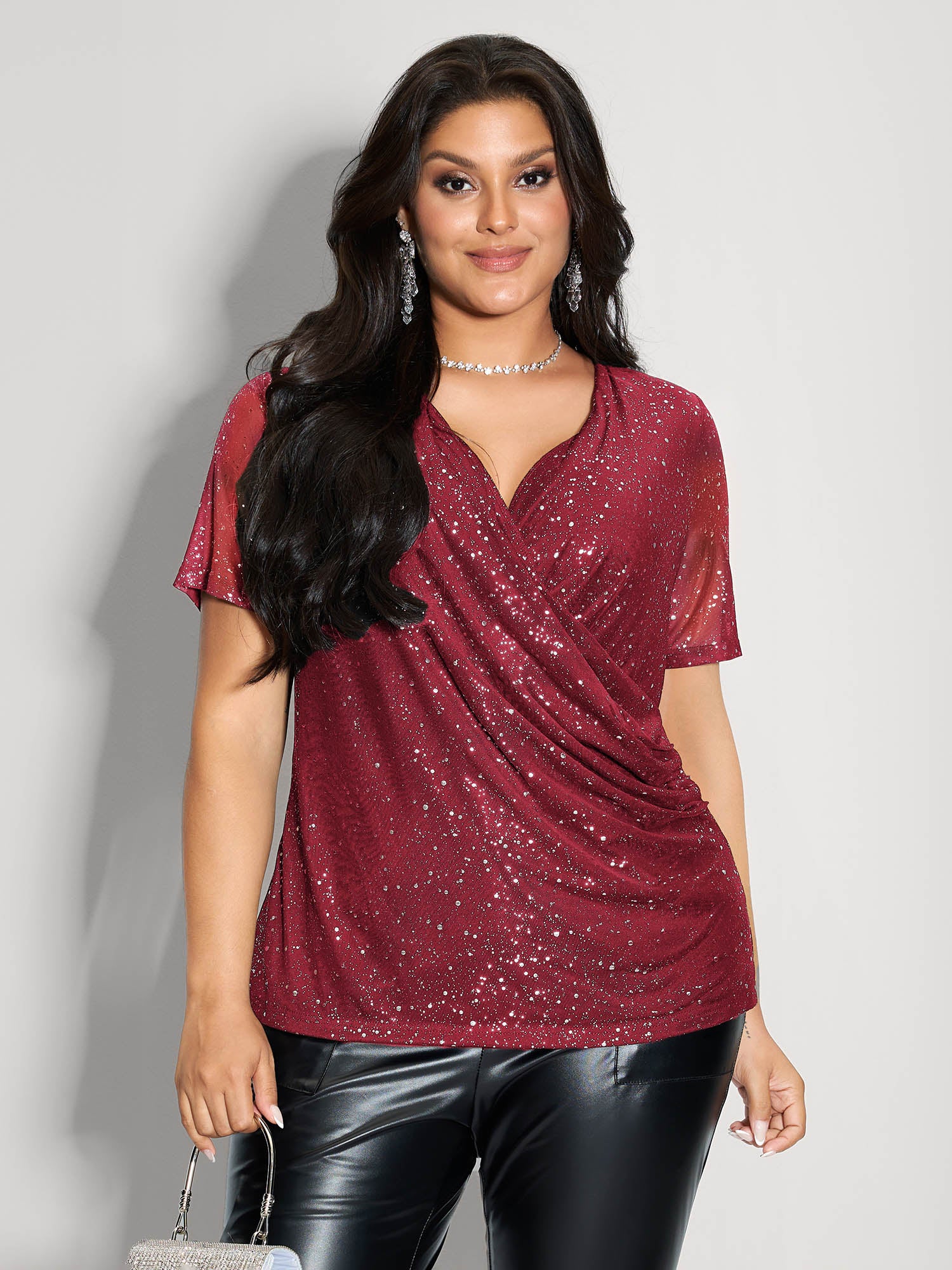 Shimmery Wrap Neck Sheer Sleeve T-Shirt - Image 7