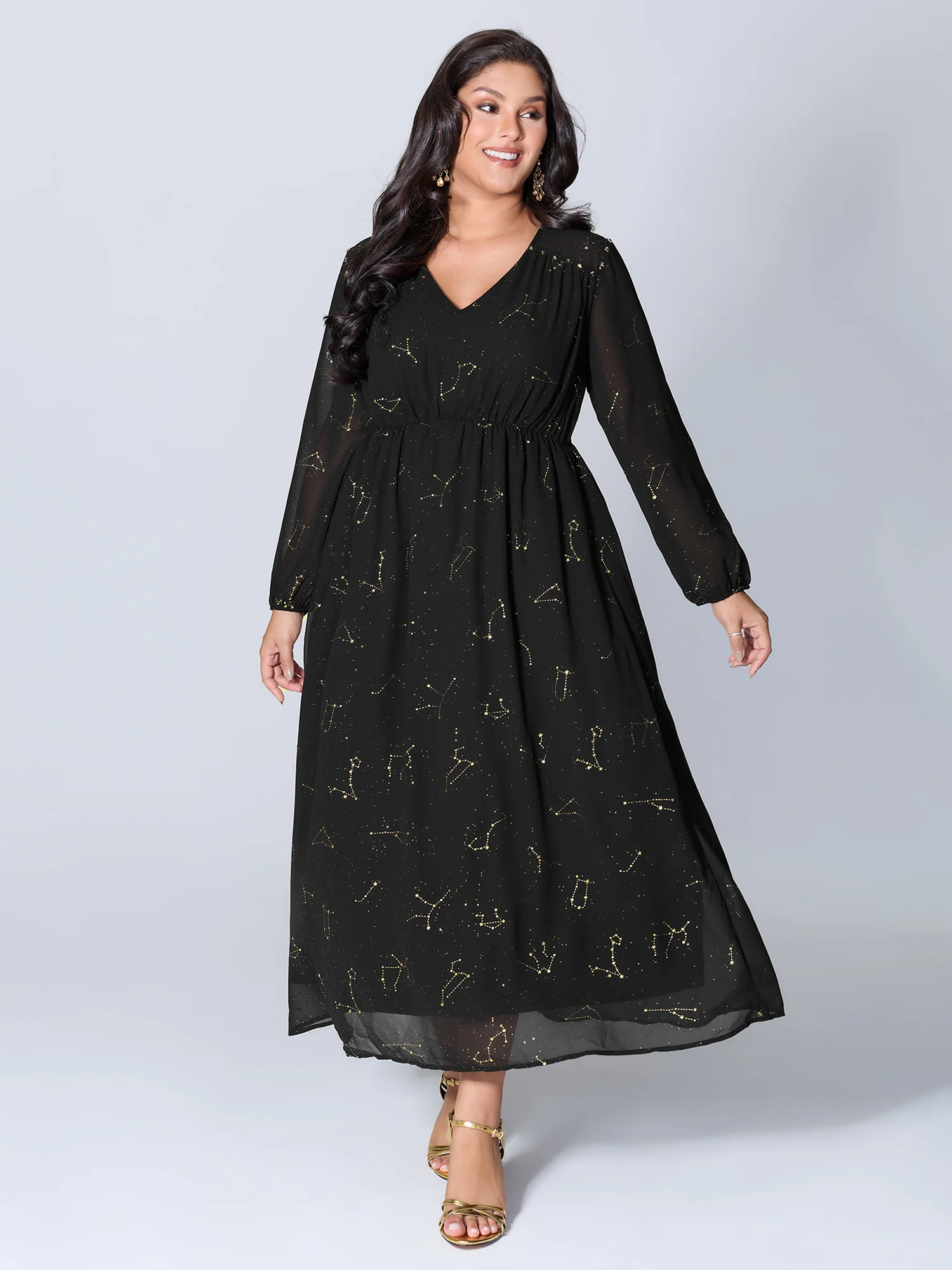Shimmery Hot Stamped Shirred Pockets Party Dress - Image 3