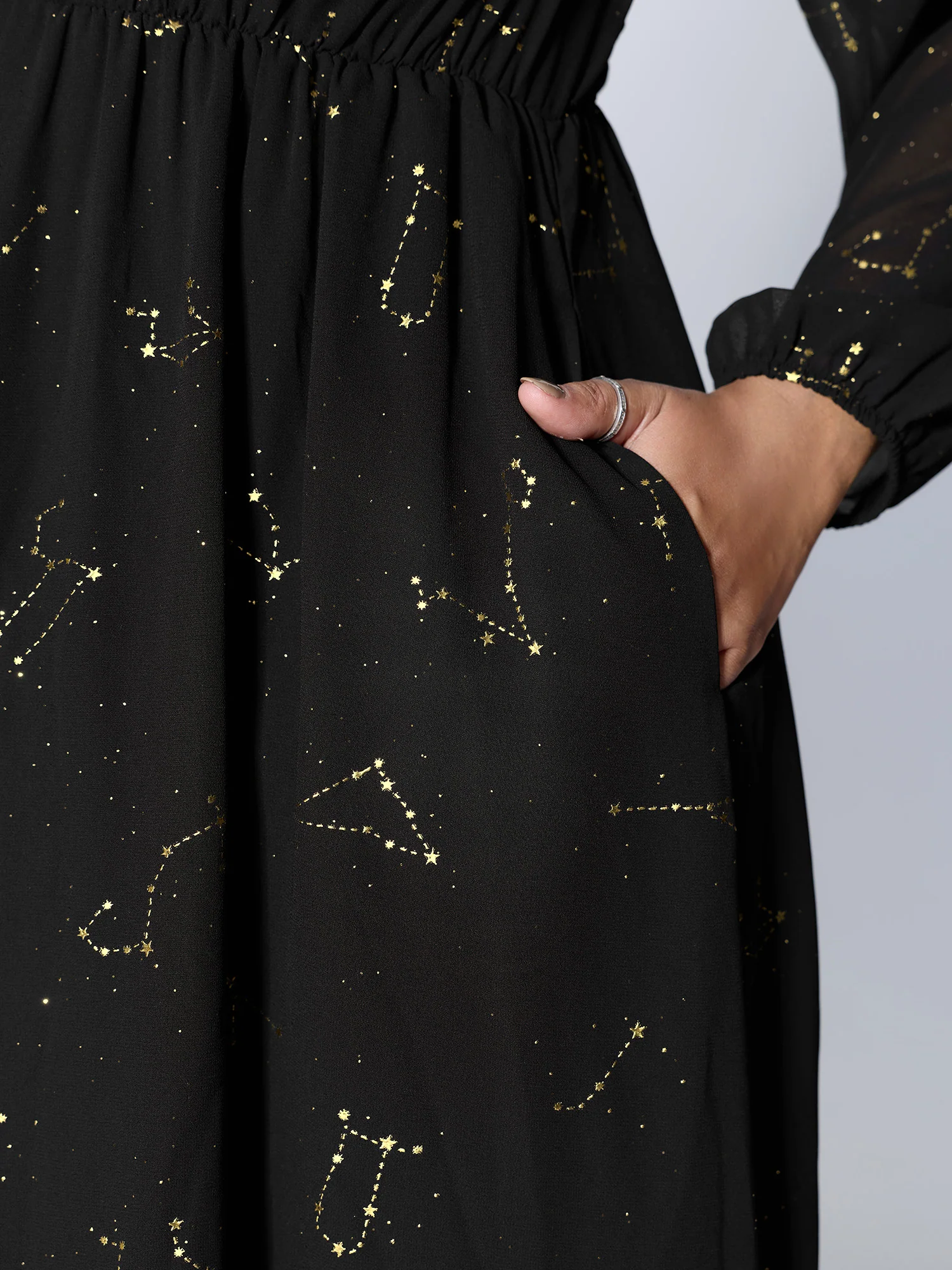 Shimmery Hot Stamped Shirred Pockets Party Dress - Image 4