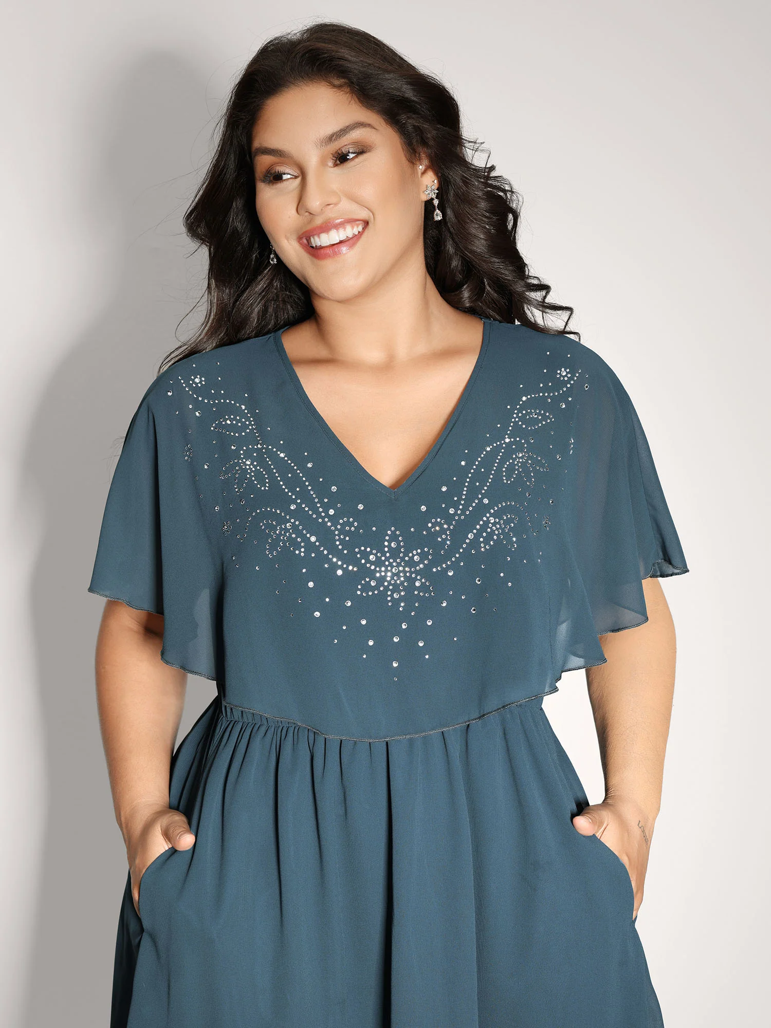 Shimmery Hotfix Rhinestone Layered Midi Dress - Image 2