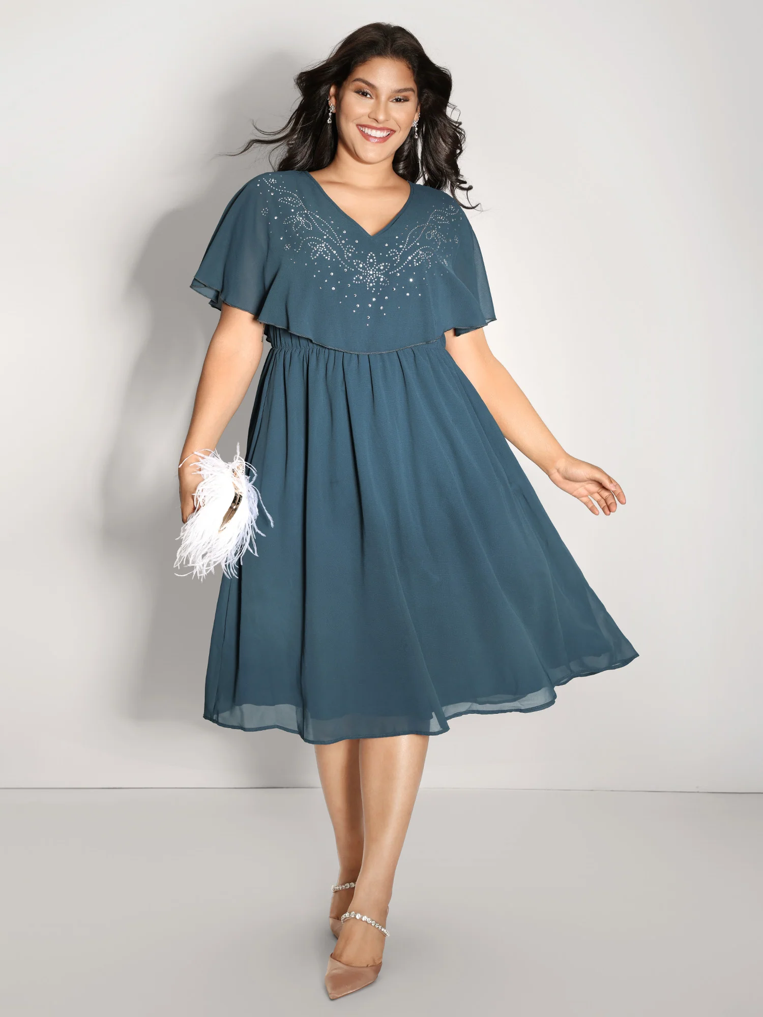 Shimmery Hotfix Rhinestone Layered Midi Dress - Image 3