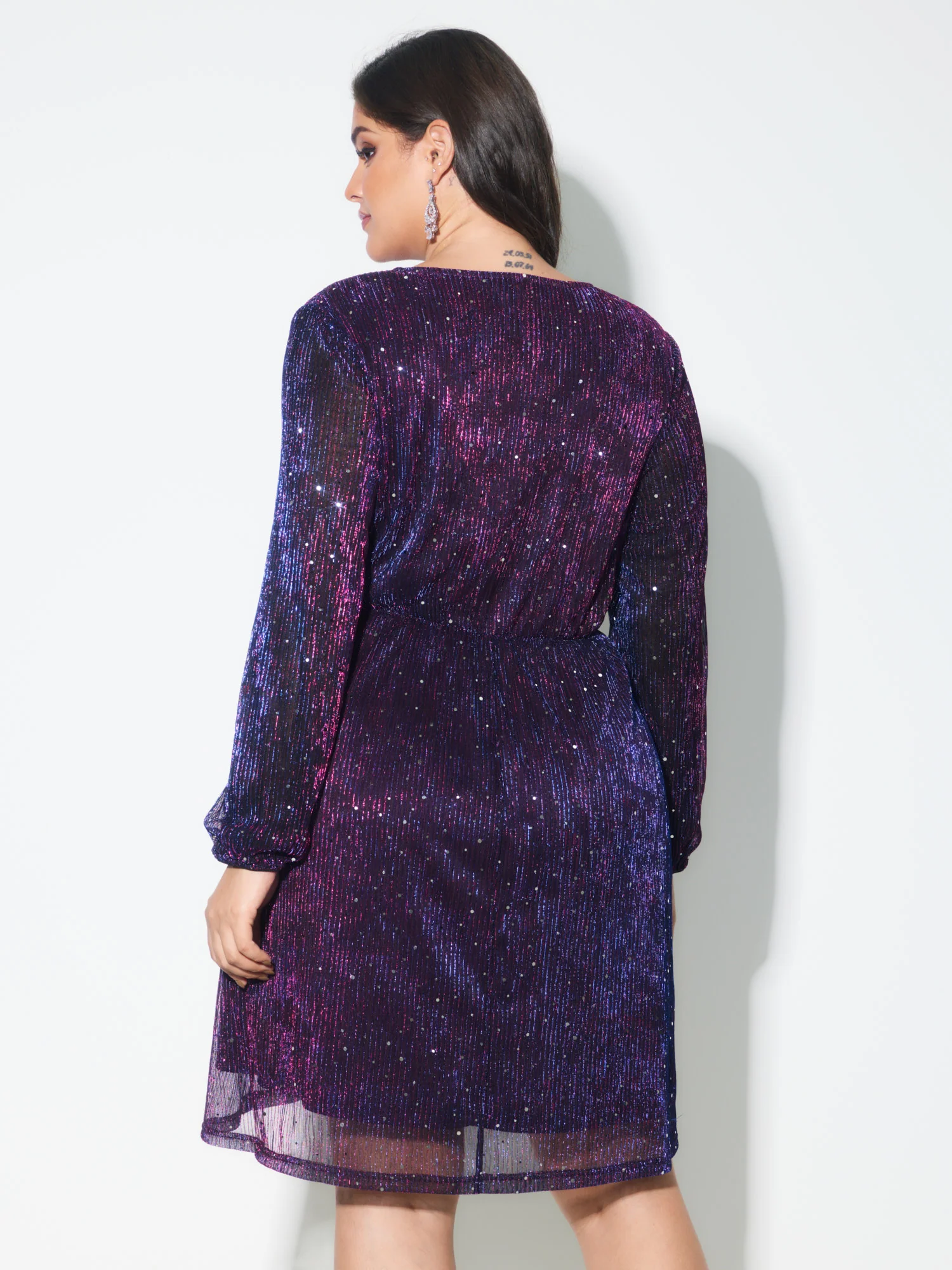 Shimmery Pleated-Waist Pockets Knee-Length Dress - Image 5