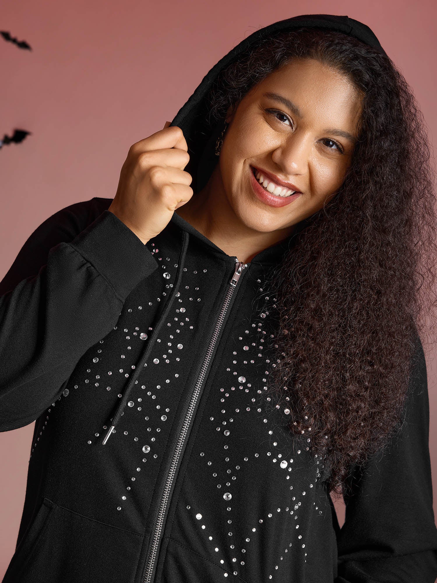 Shimmery Rhinestone Sequin Spiderweb Zipper Hoodie - Image 2
