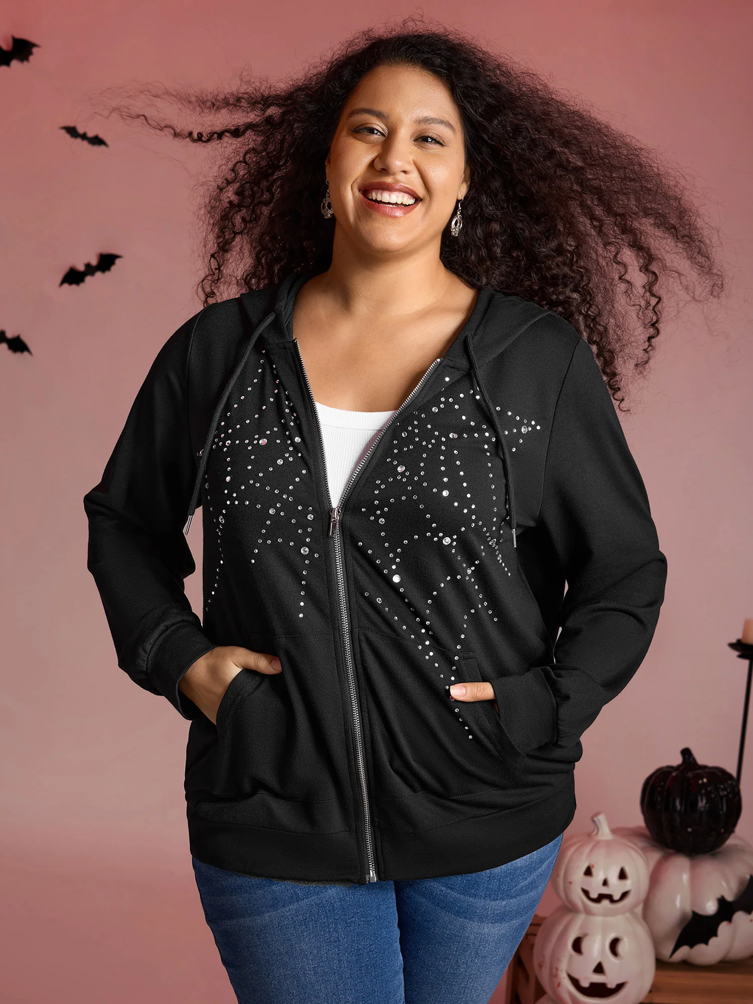 Shimmery Rhinestone Sequin Spiderweb Zipper Hoodie - Image 4