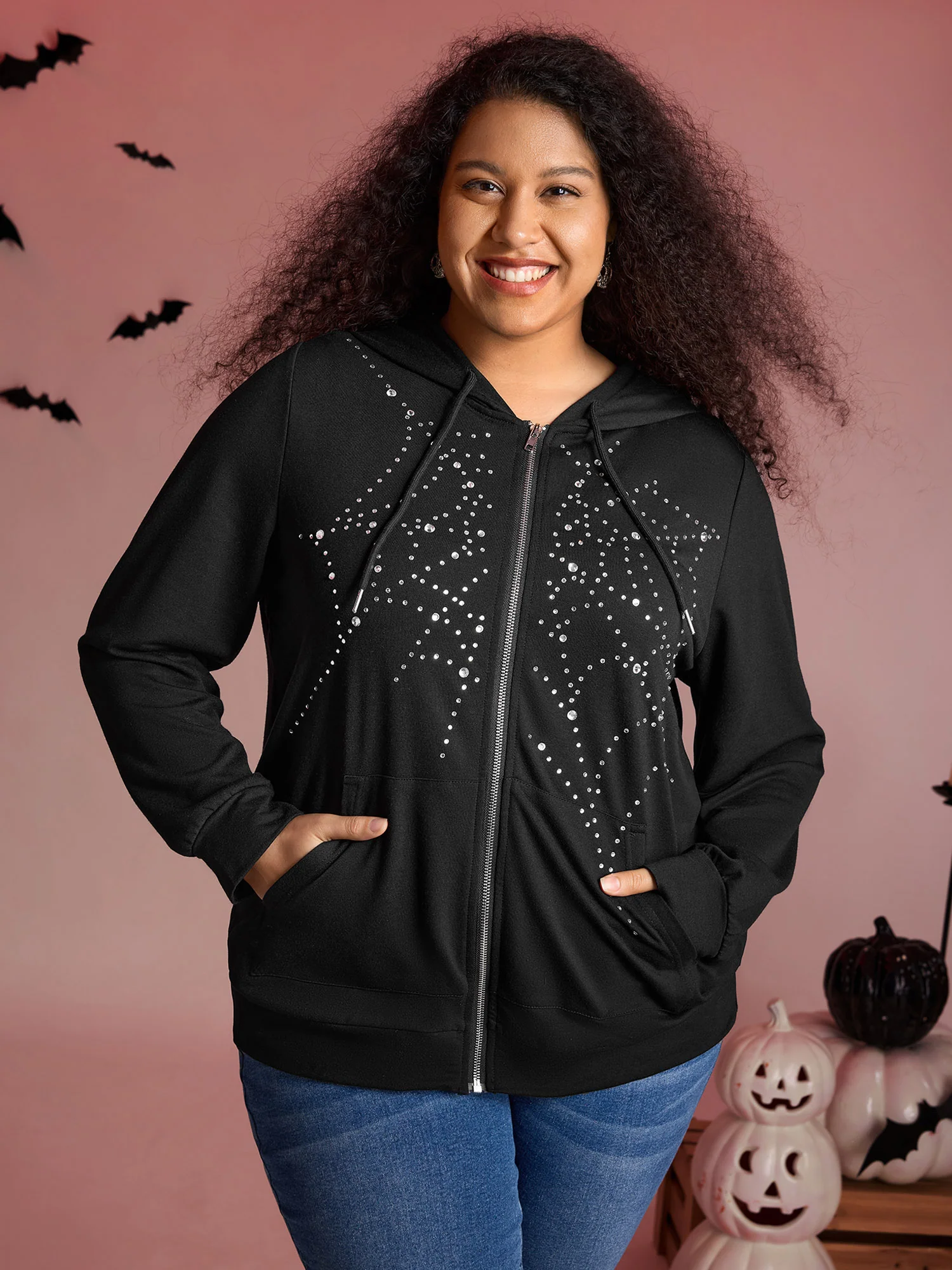 Shimmery Rhinestone Sequin Spiderweb Zipper Hoodie - Image 5