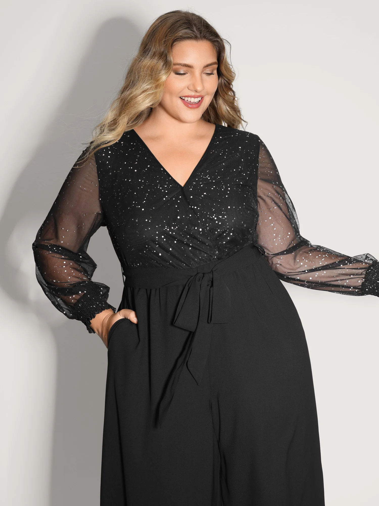 Sparkly V Neck Sheer Belted Wide Leg Jumpsuit - Image 2