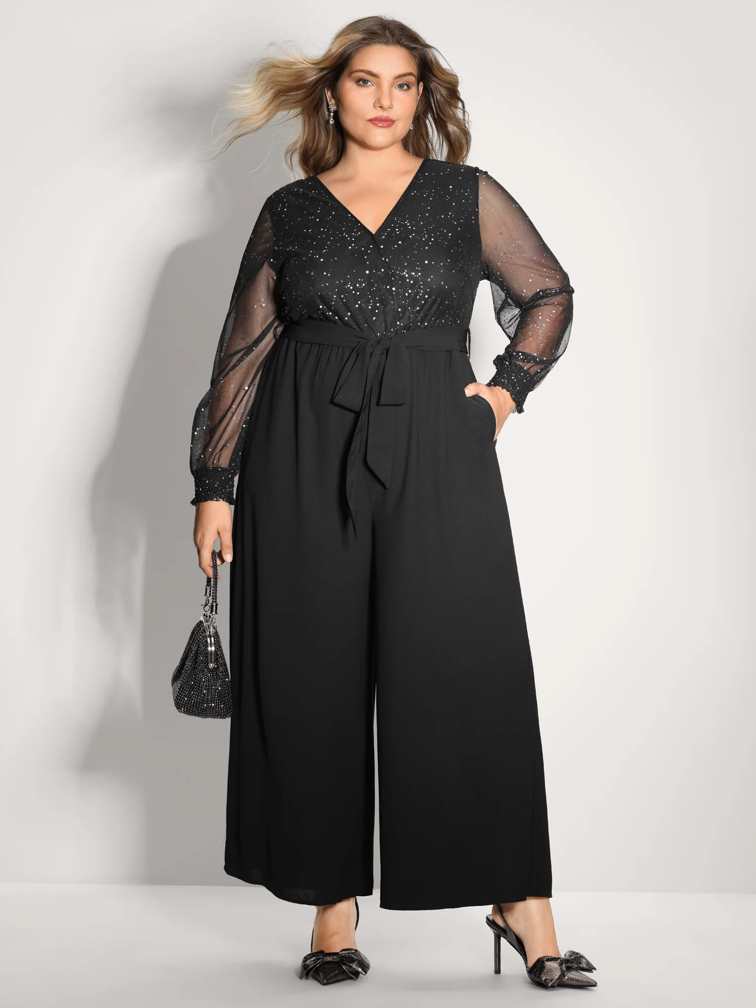 Sparkly V Neck Sheer Belted Wide Leg Jumpsuit - Image 3